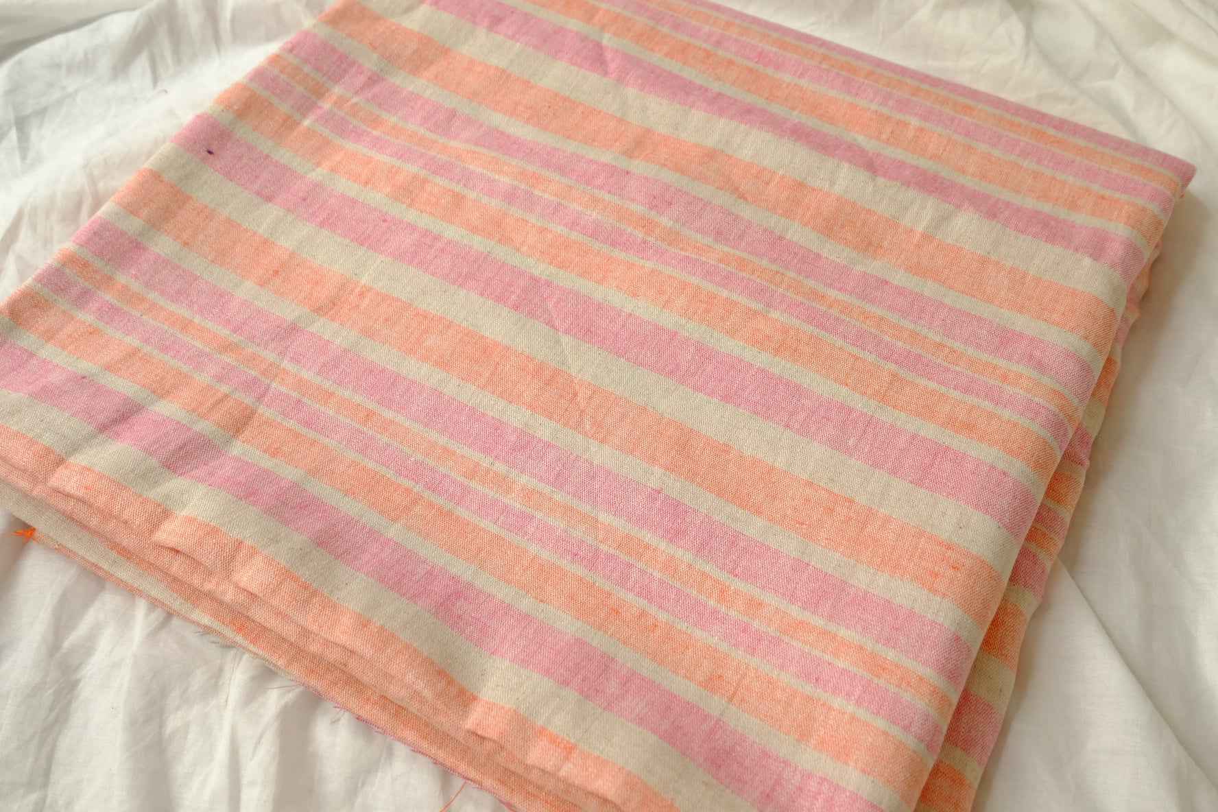 Pink Peach Yarn-Dyed Stripe Cotton Linen Fabric, Medium Weight, 1.64 Yards