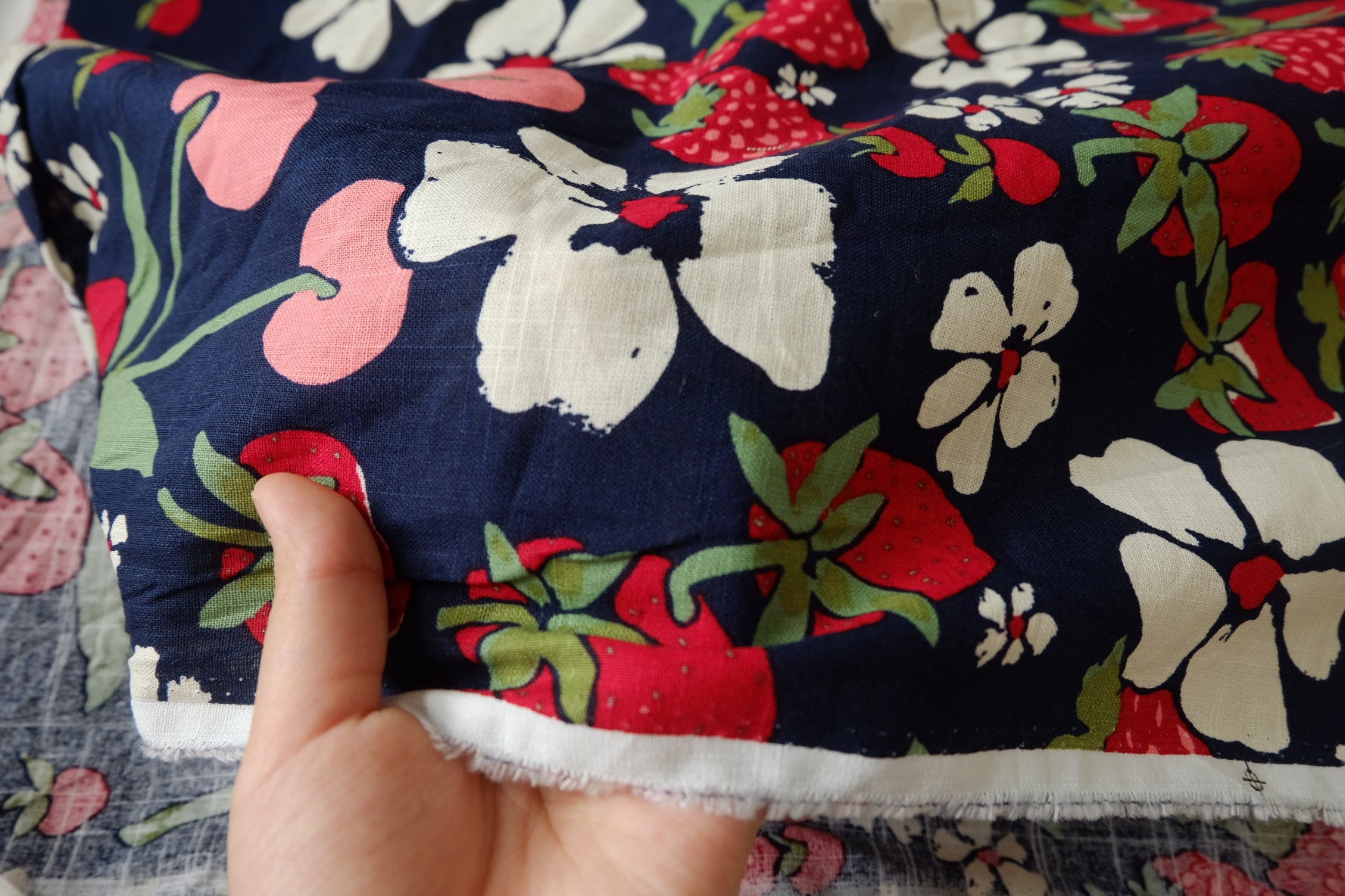Strawberry Cherry Linen Cotton Fabric - 1.48 yd