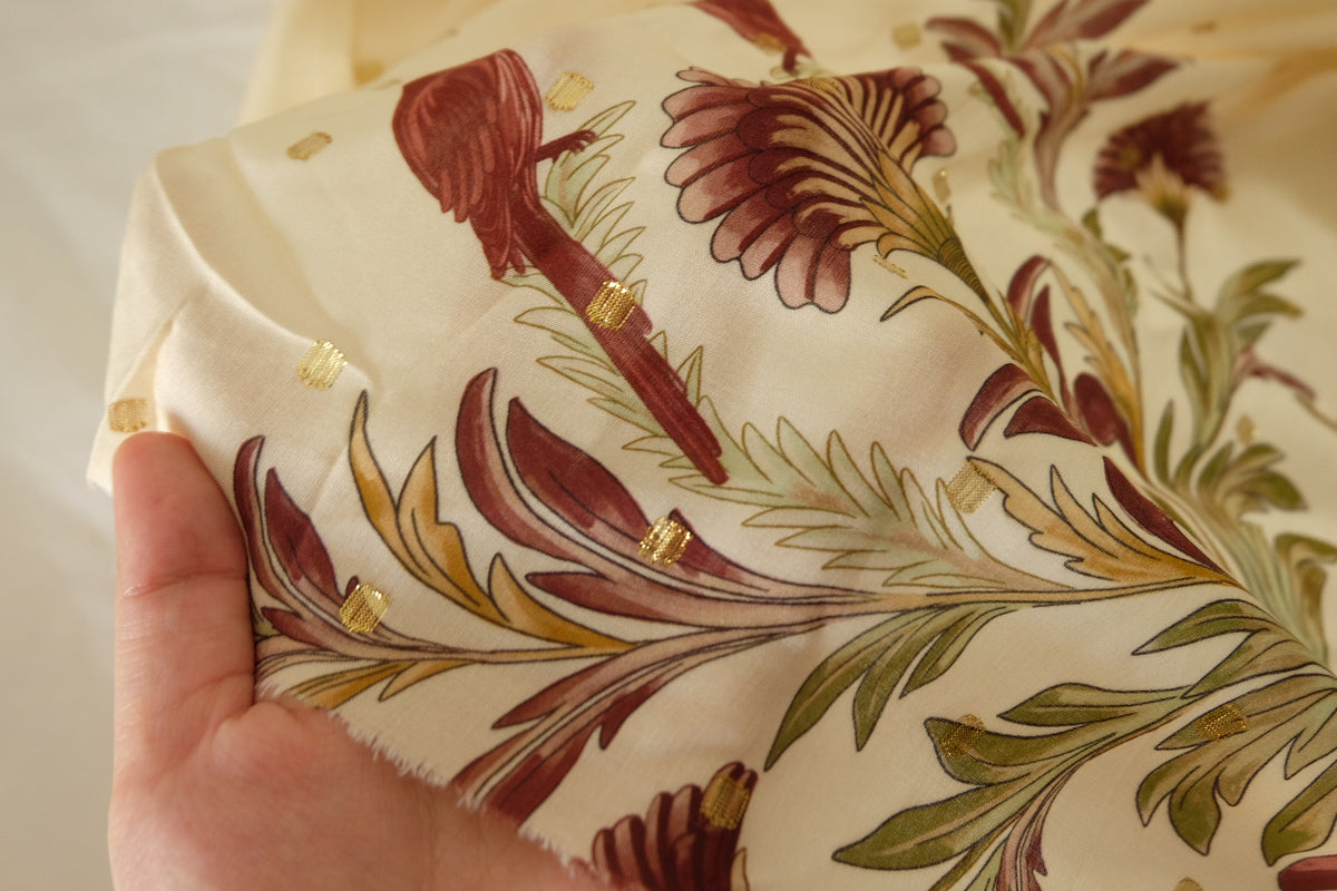 Burgundy Botanical Gold-Dot Rayon Challis – 2.6 yd