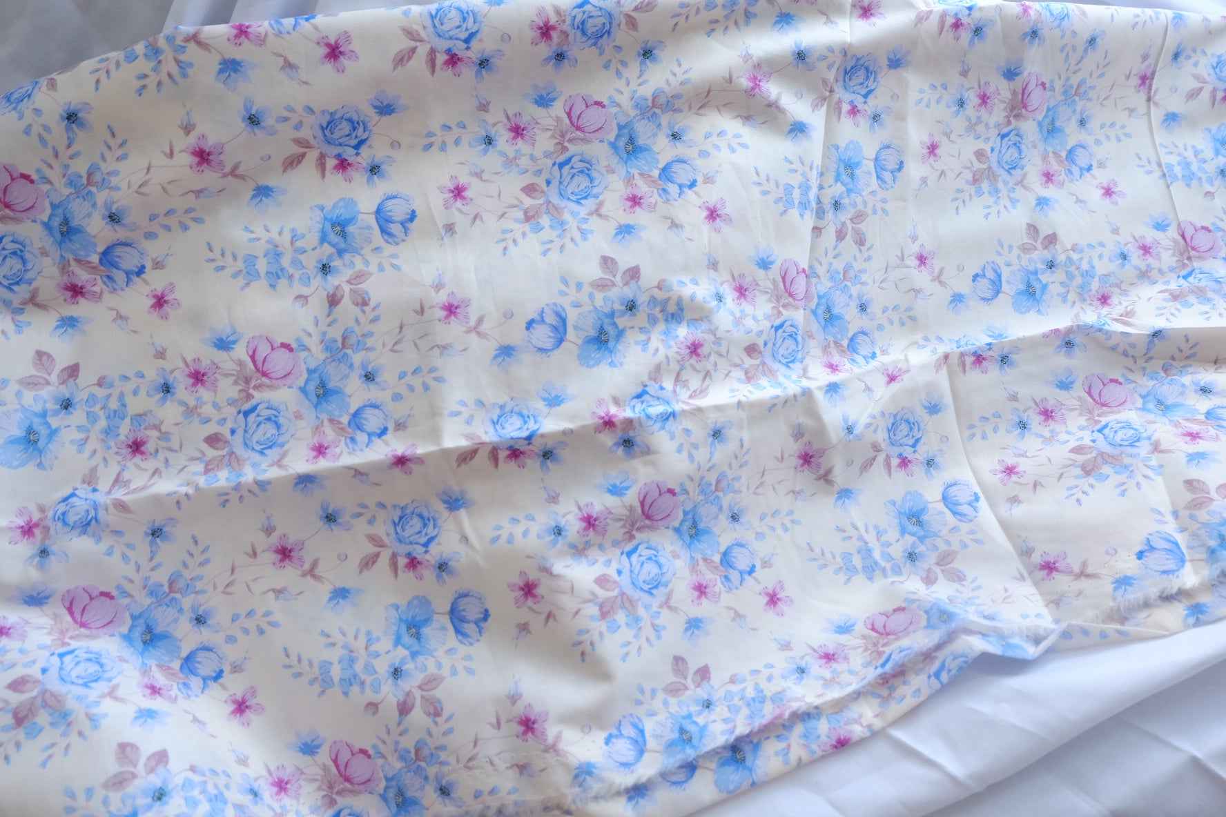 Blue Pink Floral Silky Cotton Lawn Fabric - 2.52 yd
