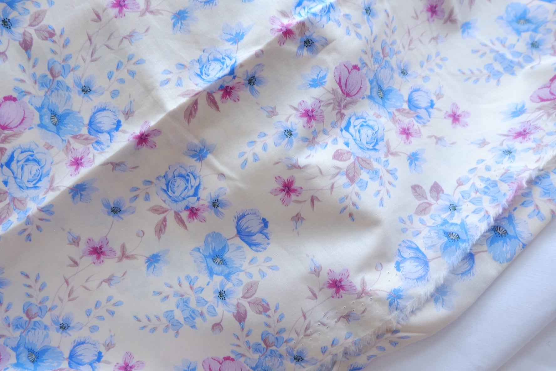 Blue Pink Floral Silky Cotton Lawn Fabric - 2.52 yd