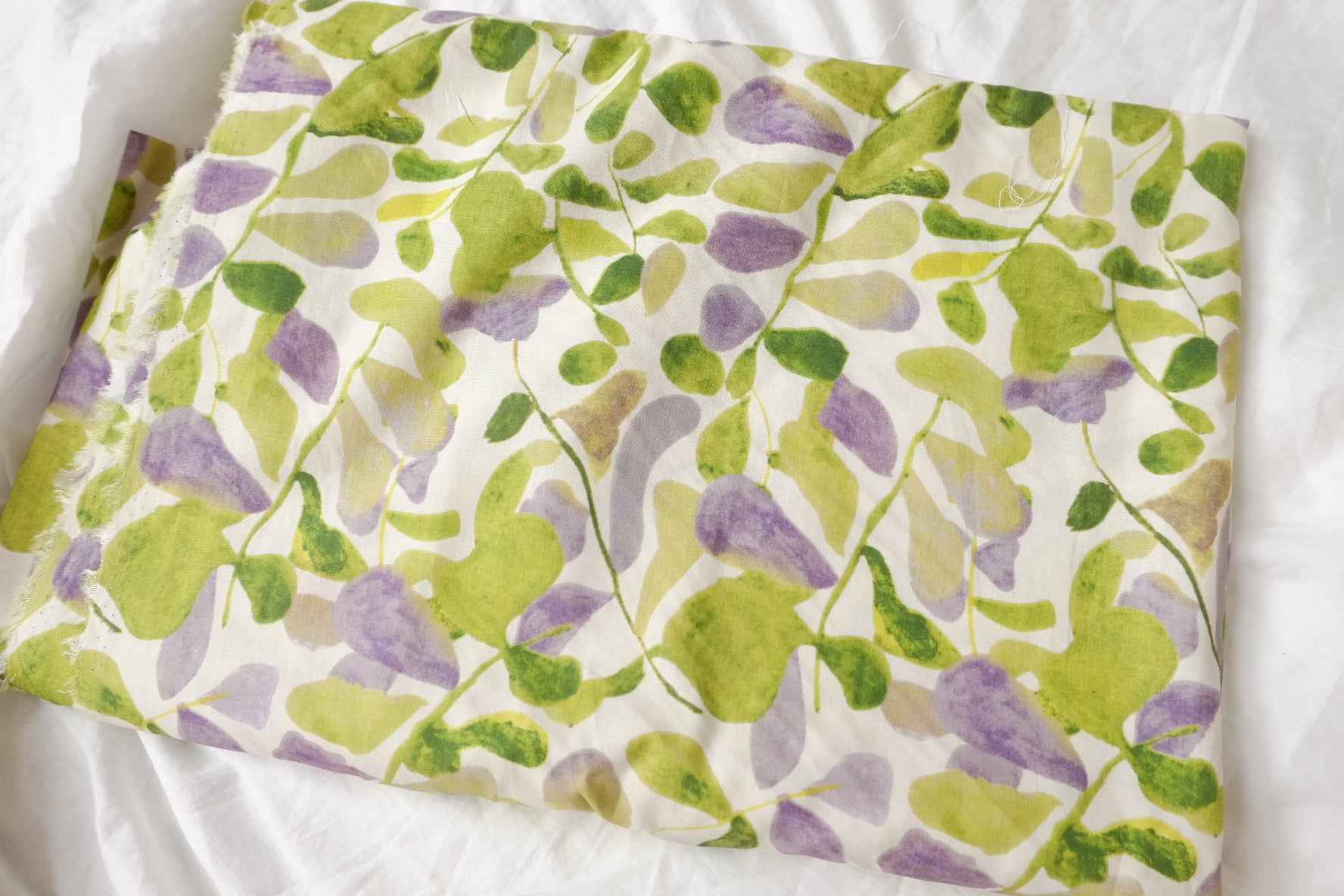 Lightweight Cotton Poplin Fabric, Watercolor Green and Lilac Botanical Print, 1.64 Yards