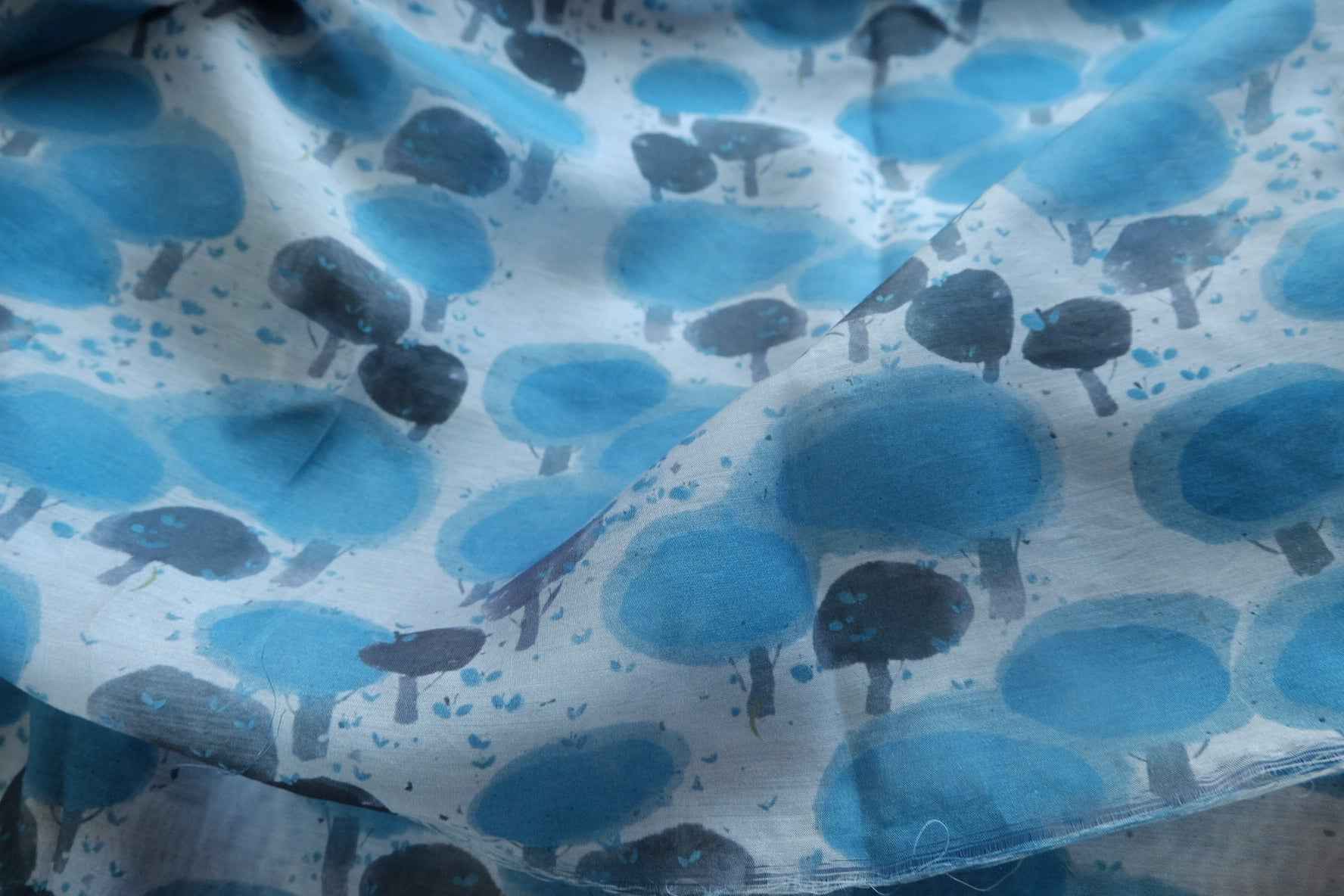 Blue Watercolor Trees Tencel Linen Sheer Fabric - 4.70 yd