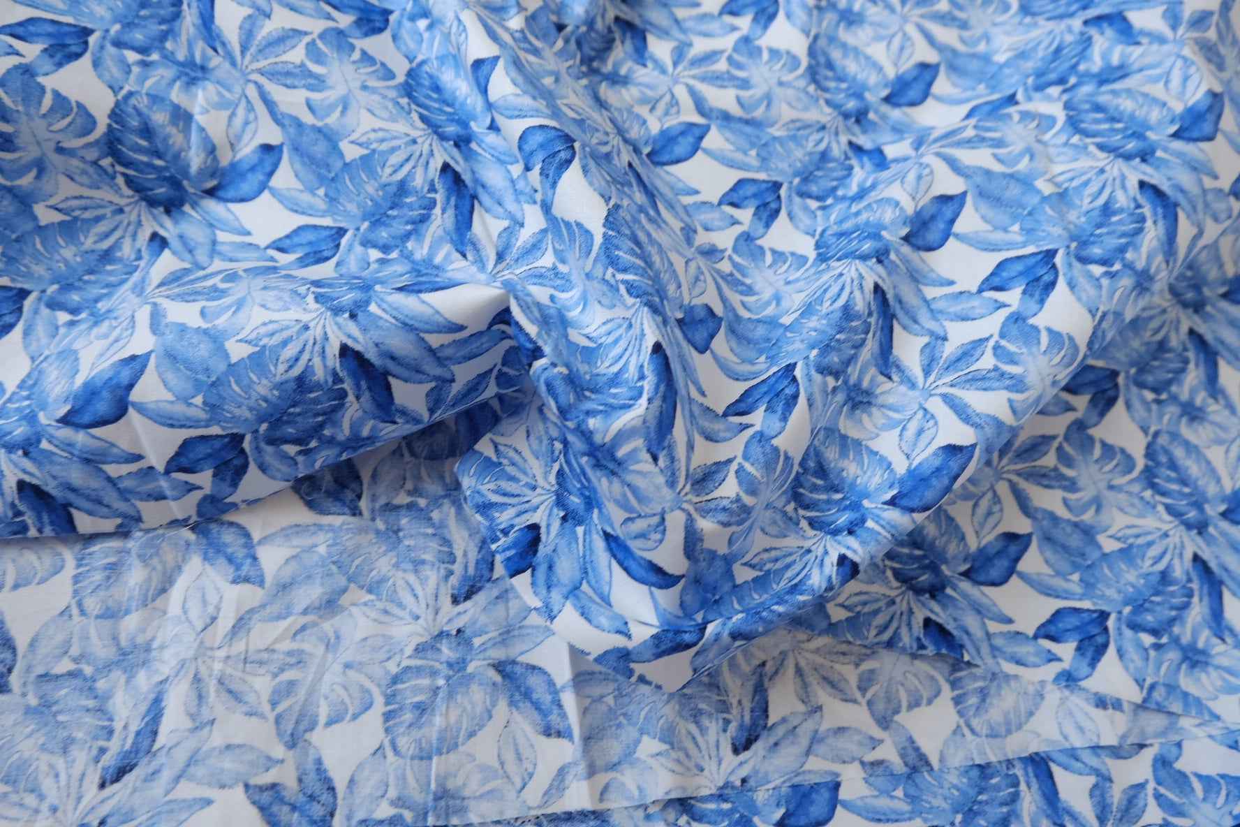 Blue Tropical Leaf Stretch Cotton Fabric — 2.52 yd