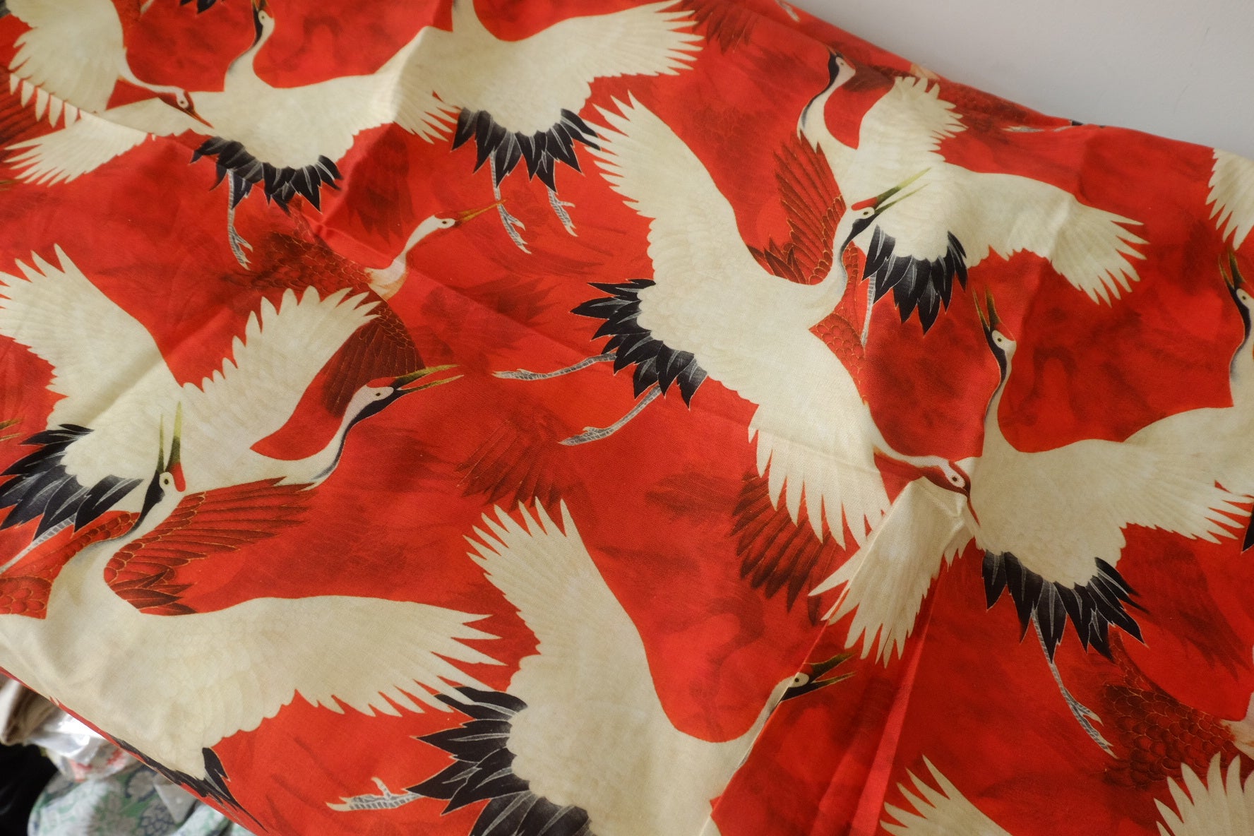 Scarlet Flying Crane Cotton Fabric – 1.6 yd