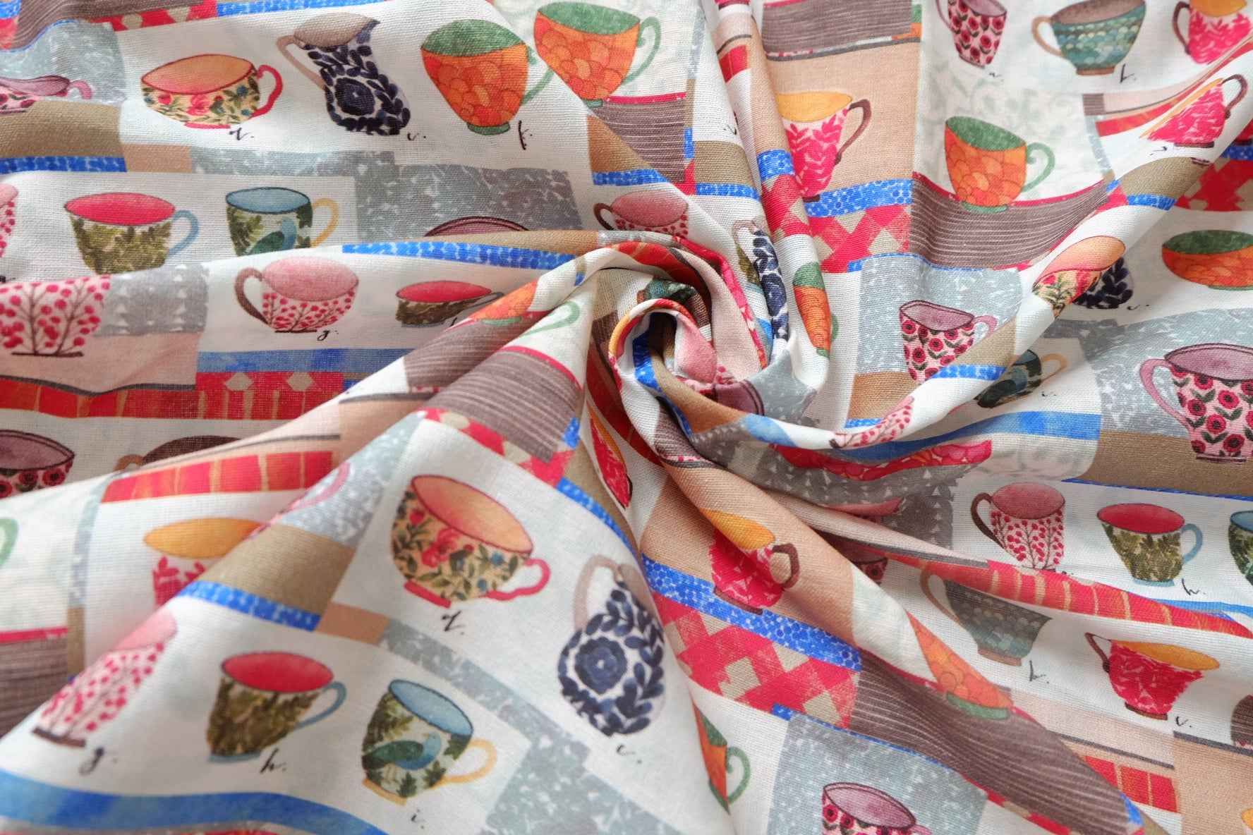 Teacup Collage Cotton Linen Fabric - 1.64 yd