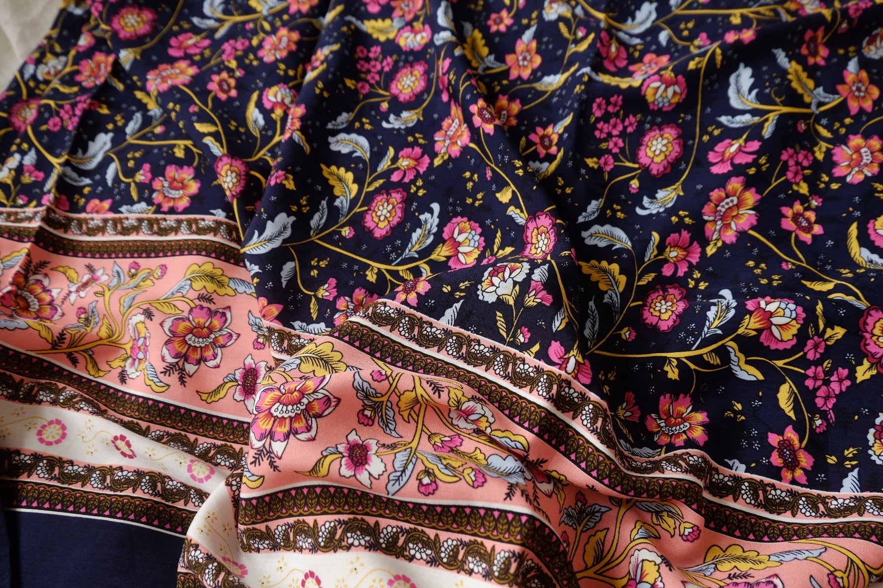 Double Border Floral Rayon Fabric in Navy and Pink, Soft & Drapey, 3.3 Yards