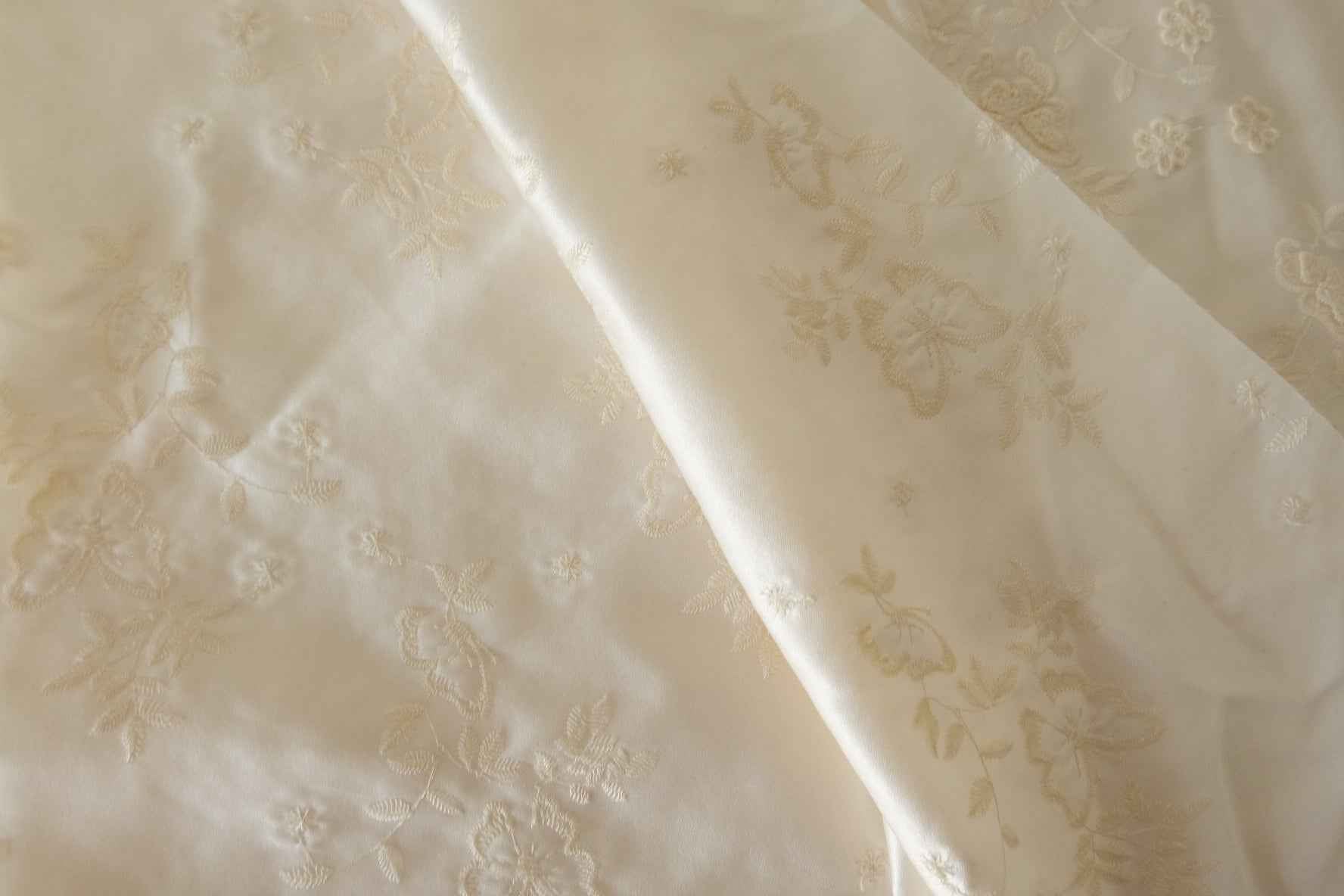 Ivory 3D Floral Embroidered Acetate Satin Fabric – 2.2 yd