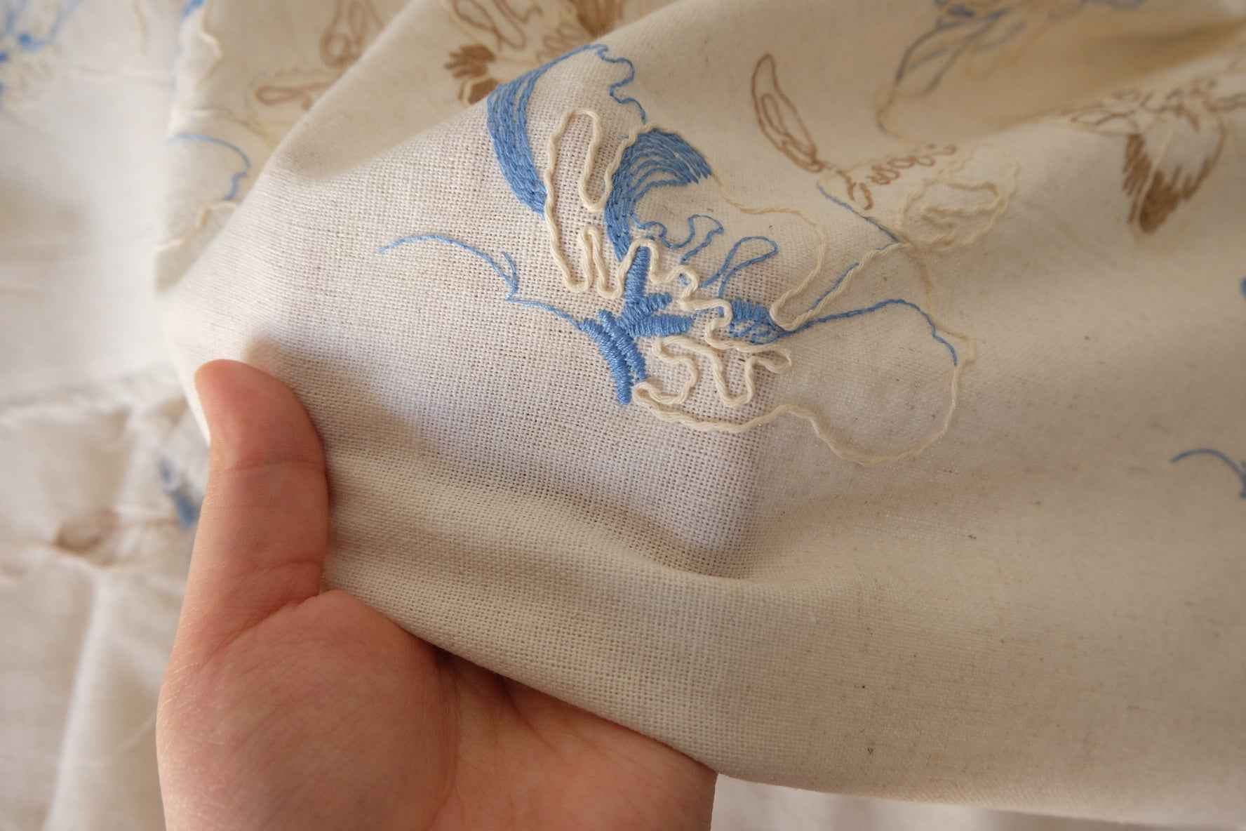 Blue Floral Embroidered Linen Cotton Fabric – 1.6 yd
