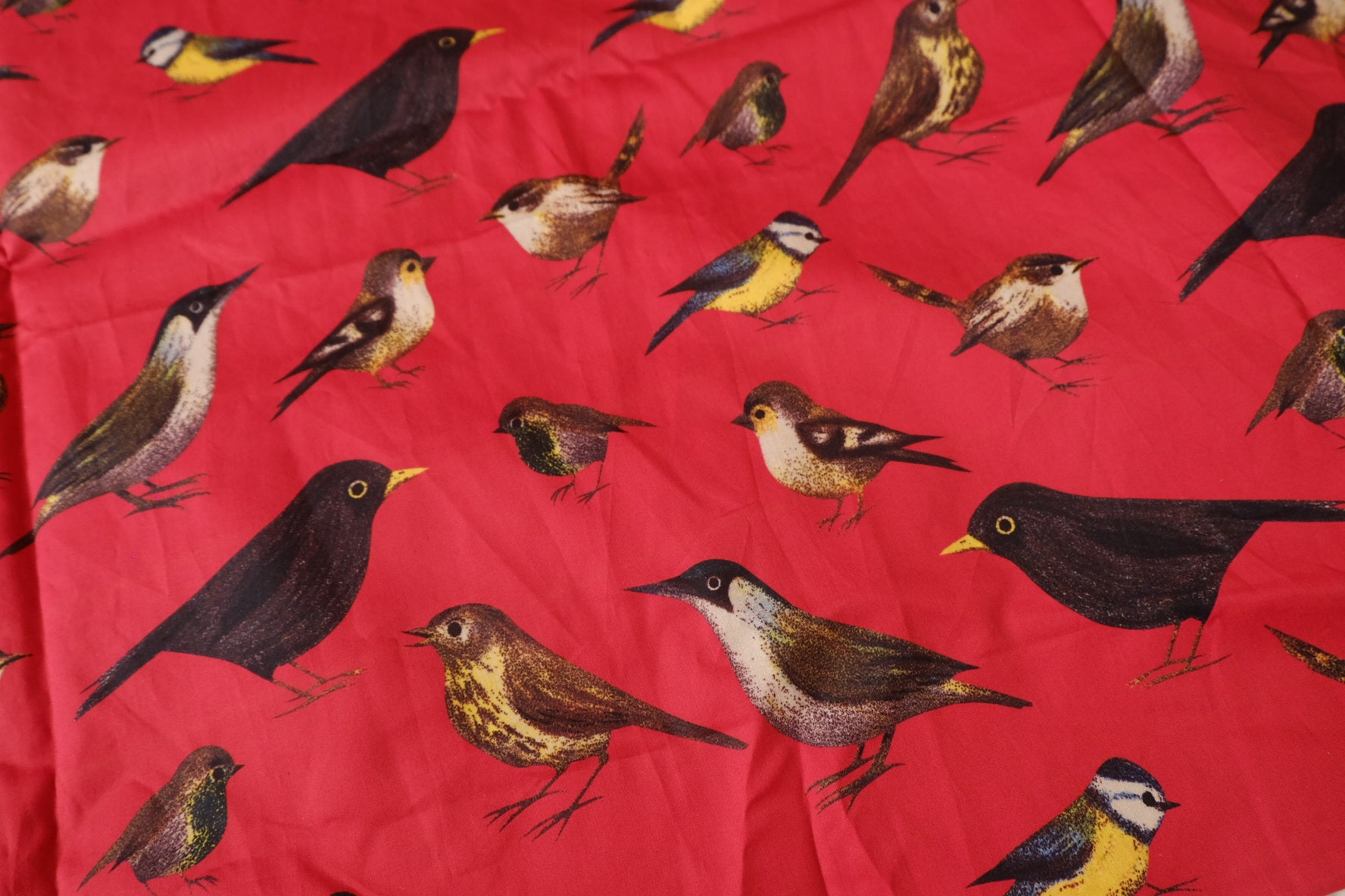 Bird Print Cotton Sateen on Red Ground (2.6 Yards)