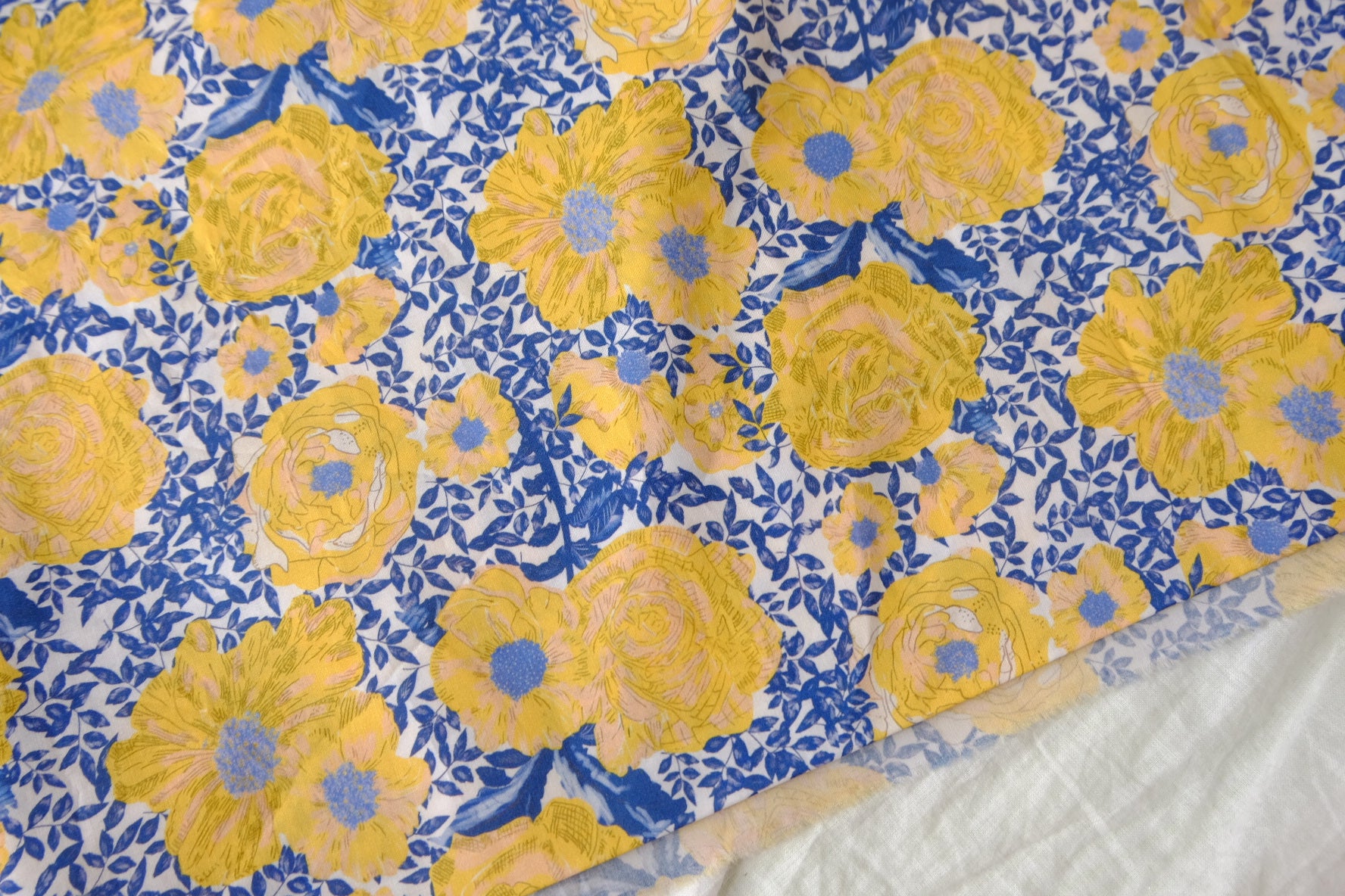 Yellow Blue Rose Garden Cotton Lawn Fabric - 2.95 yd