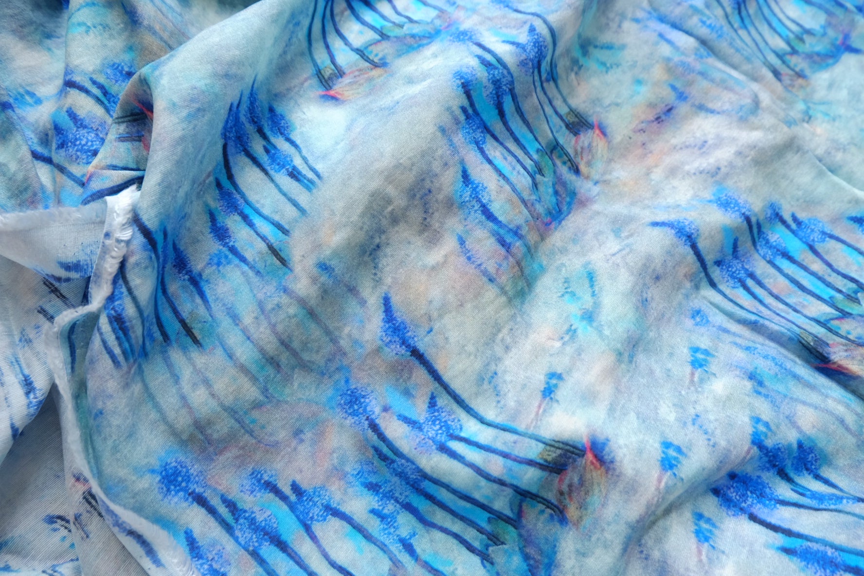 Blue Watercolor Abstract Floral Tencel Linen Blend — 2.19 yd