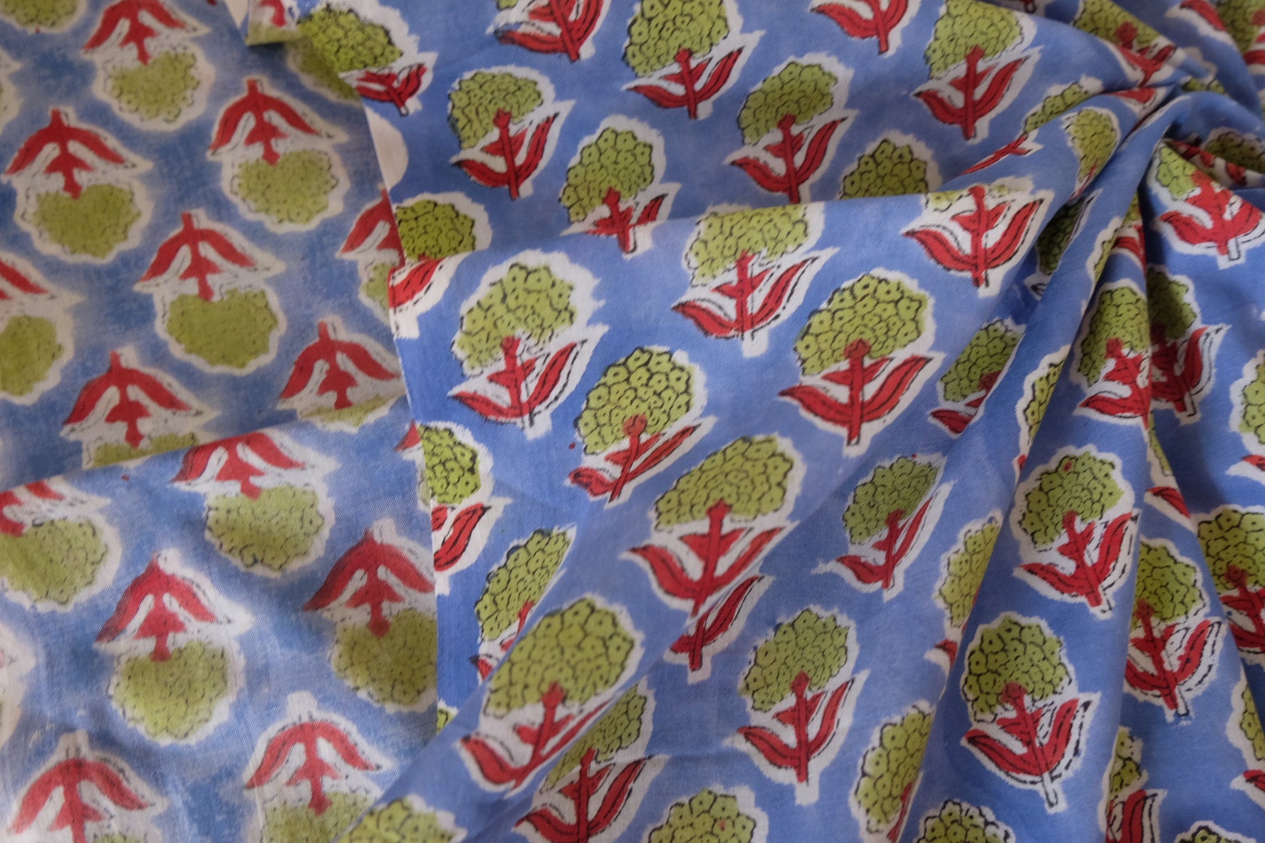 Hand Block Printed Indian Cotton Fabric – Blue Ground with Green Floral Motif – Sold by the Meter