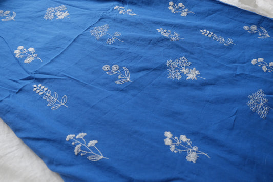 Blue Floral Embroidered Cotton Fabric — 1.64 yd
