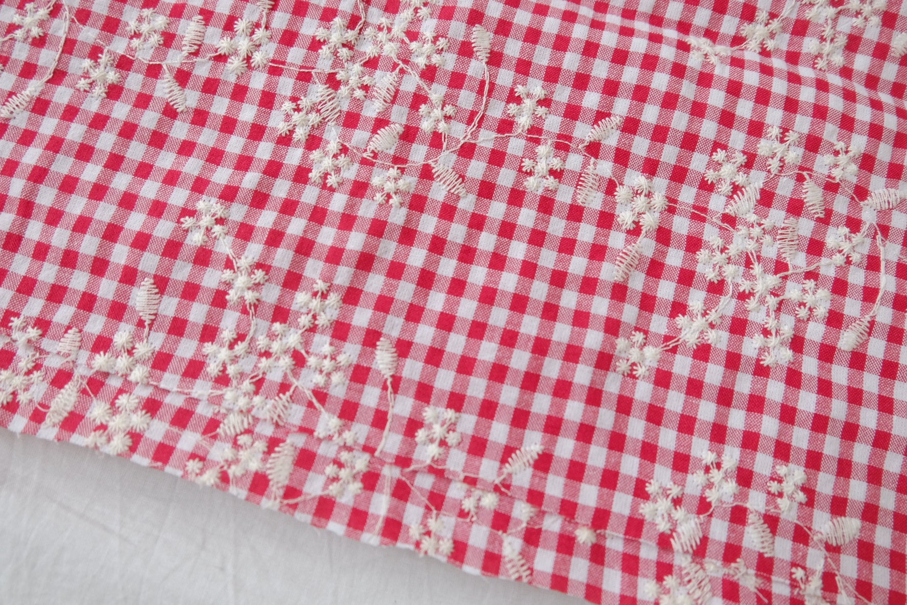 Red Gingham Embroidered Cotton Nylon, 2.19 Yards