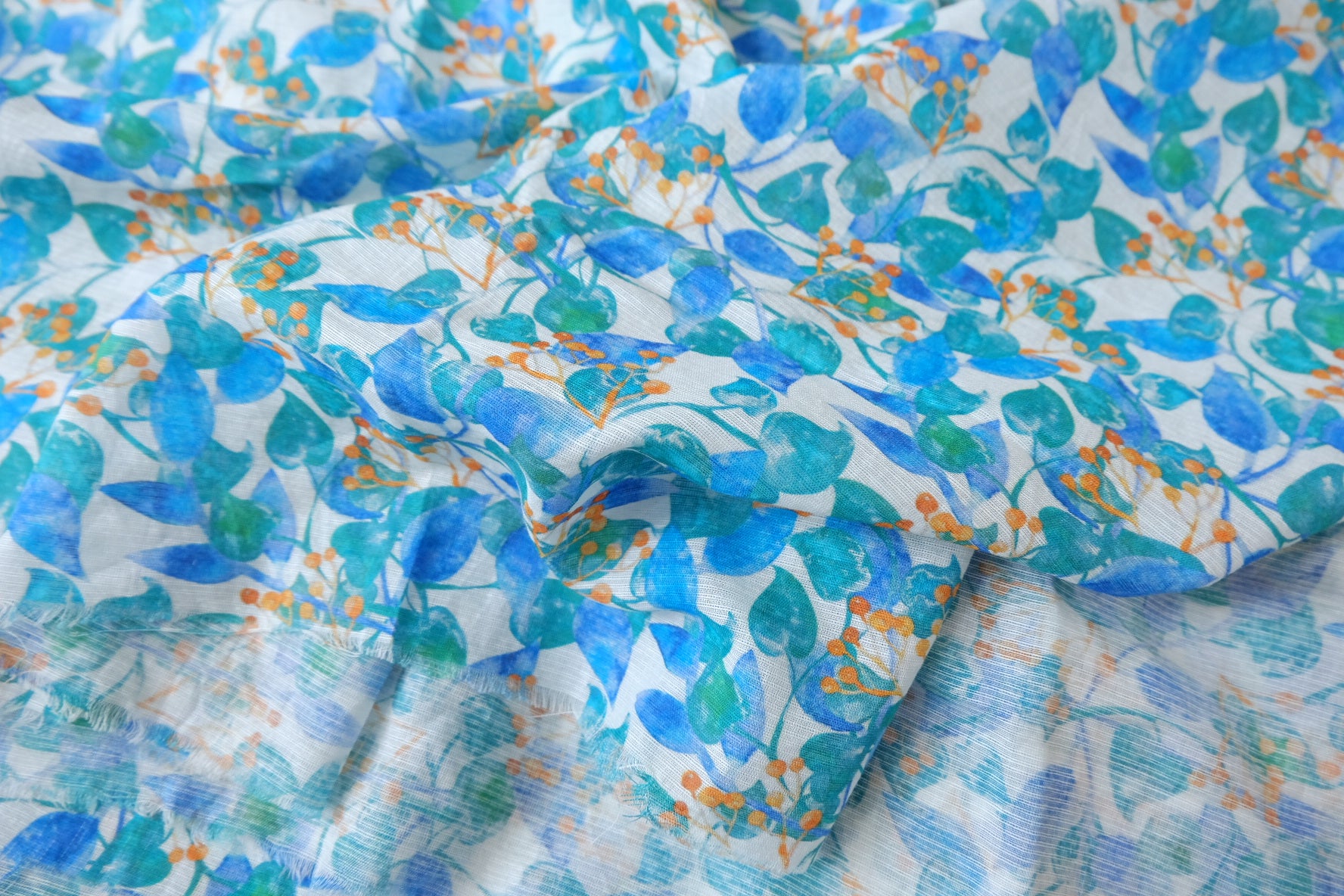 Blue Green Botanical Cotton Linen, 1.7 Yards