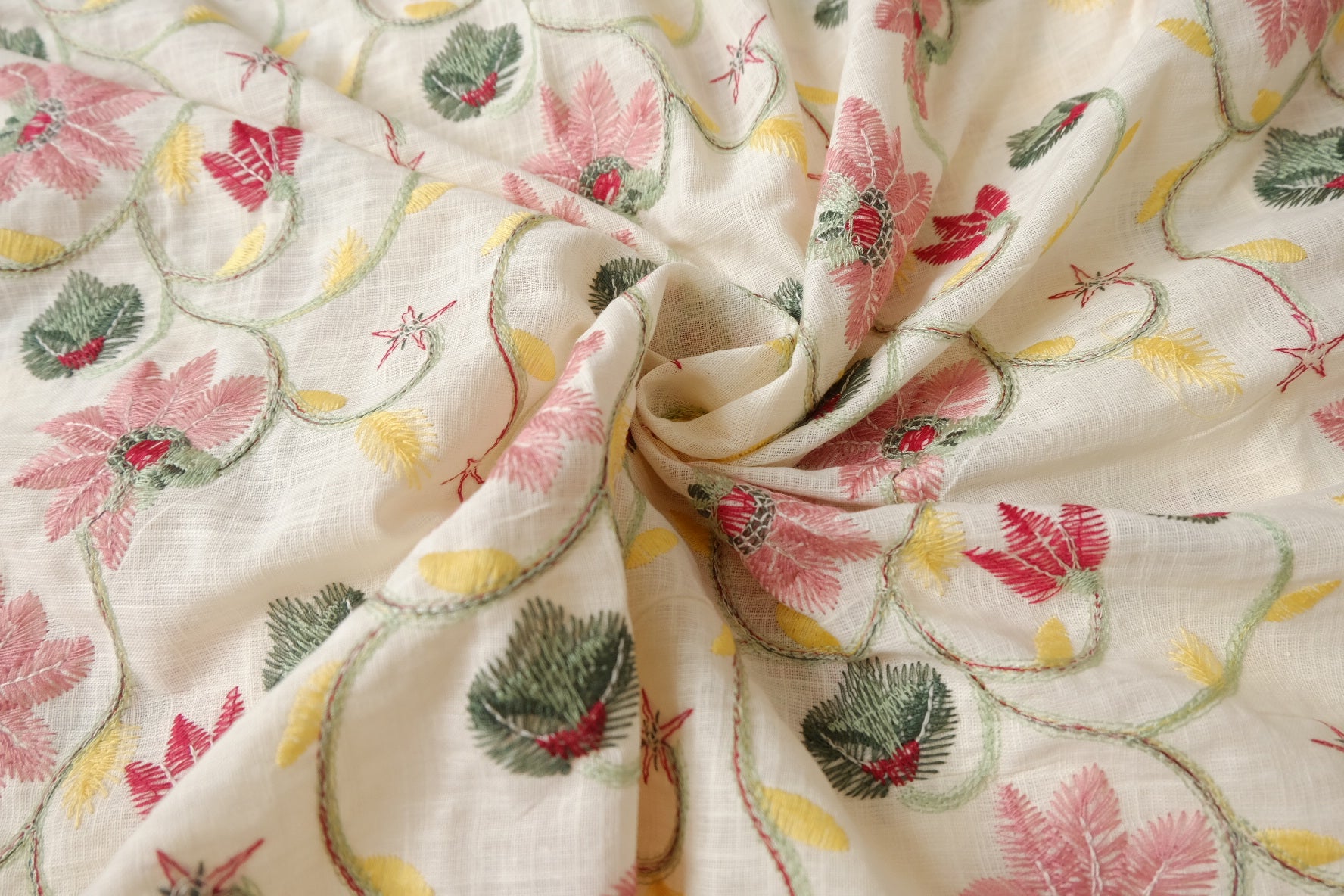 Embroidered Linen-Viscose Blend Floral on Ivory — 1.5 Yards