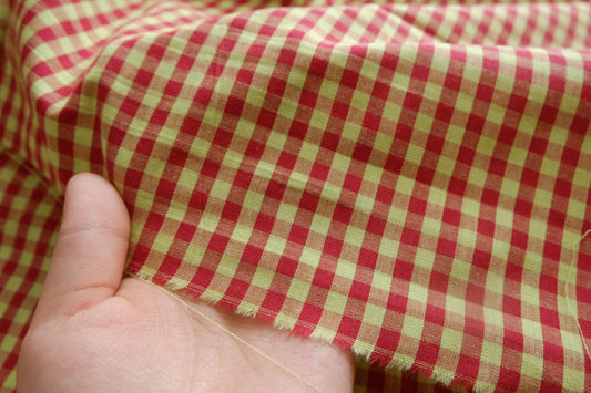 Vintage Red & Chartreuse Gingham Cotton Fabric - 3.28 yd