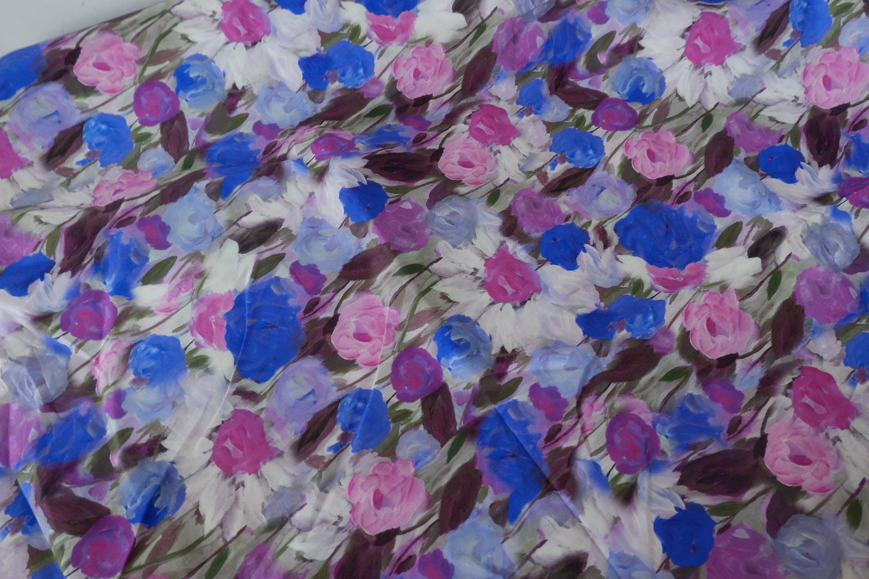 Blue Pink Painterly Floral Cotton Poplin Fabric - 3.3 yd