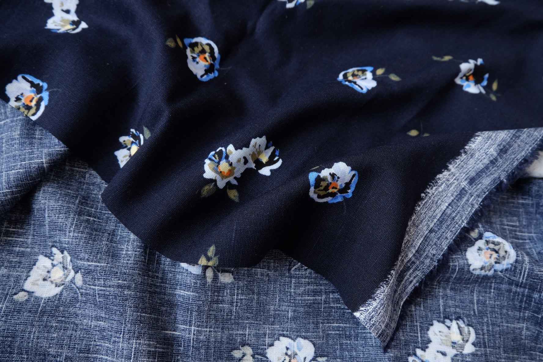 Navy Floral Cupro Linen Blend Fabric - 1.64 yd