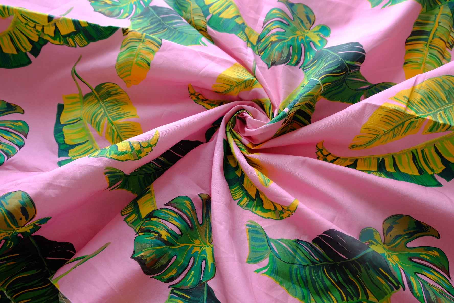 Pink Tropical Leaf Cotton Poplin Fabric - 3.28 yd