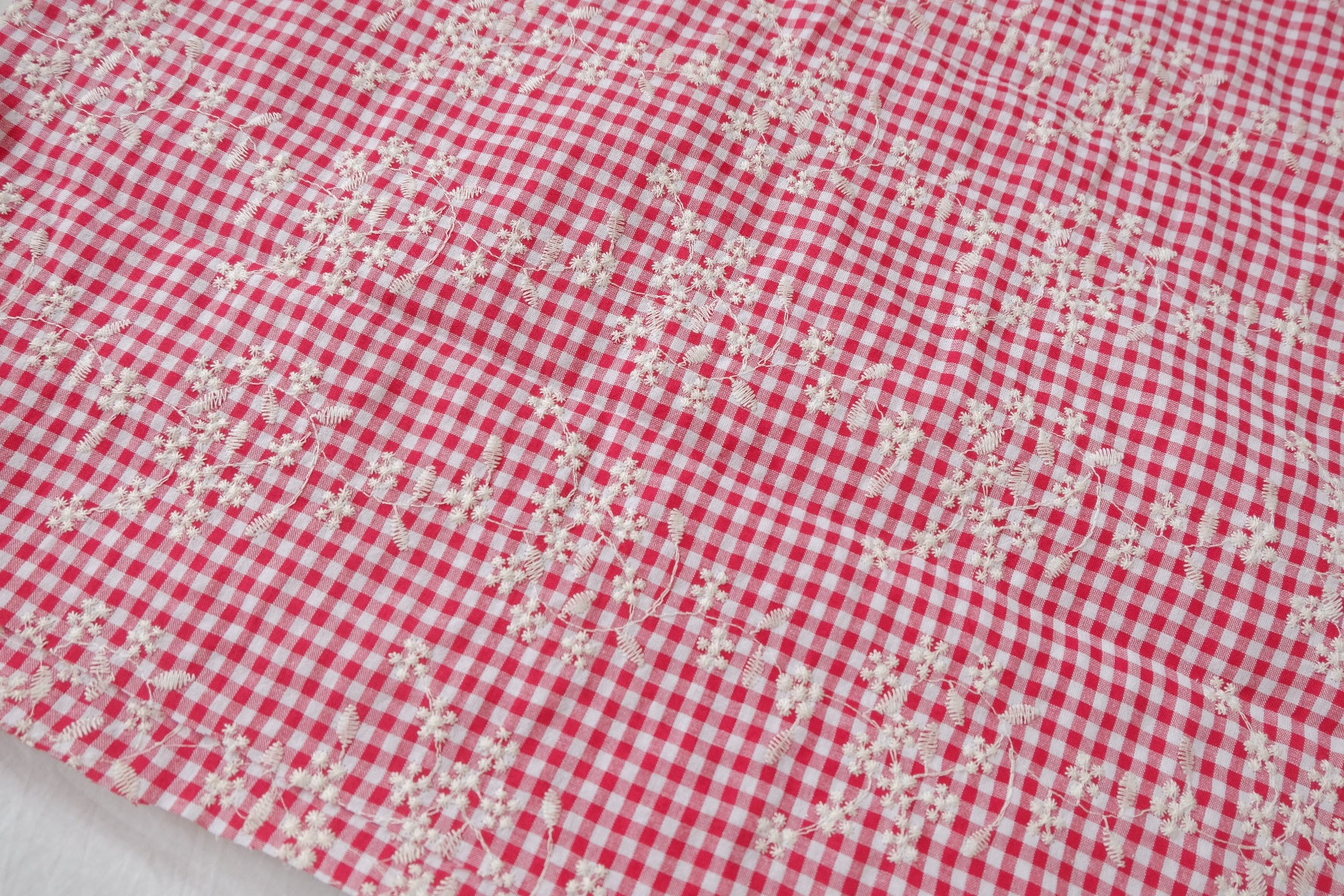 Red Gingham Embroidered Cotton Nylon, 2.19 Yards