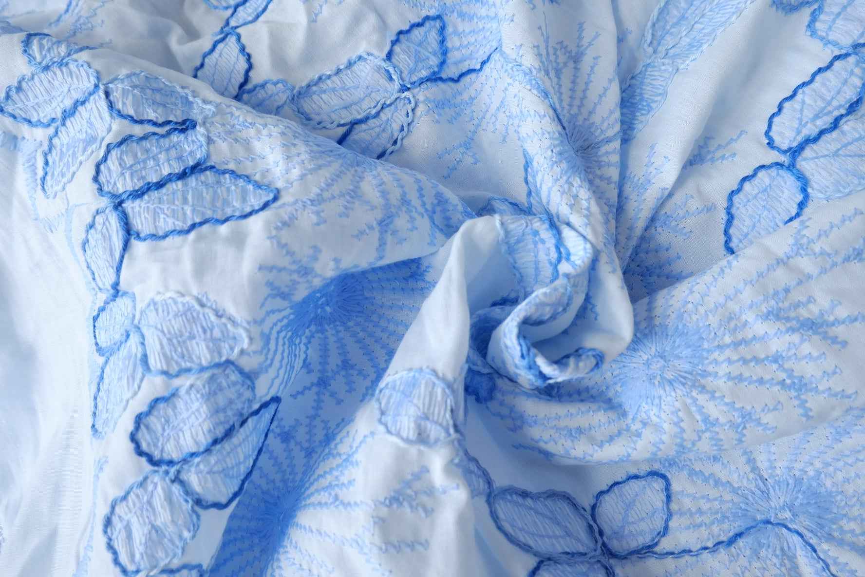 Allover Embroidered Cotton Fabric, Soft Blue on White, 1.64 Yards