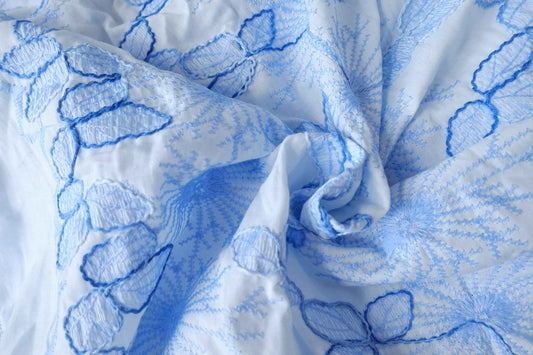 Allover Embroidered Cotton Fabric, Soft Blue on White, 1.64 Yards