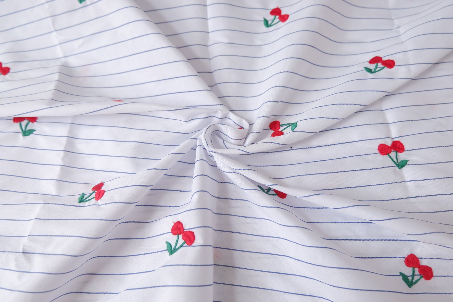 Cherry Embroidered Striped Cotton Fabric 1.6 Yards
