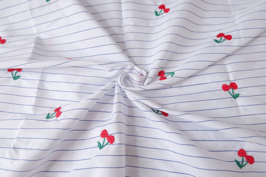 Cherry Embroidered Striped Cotton Fabric 1.6 Yards