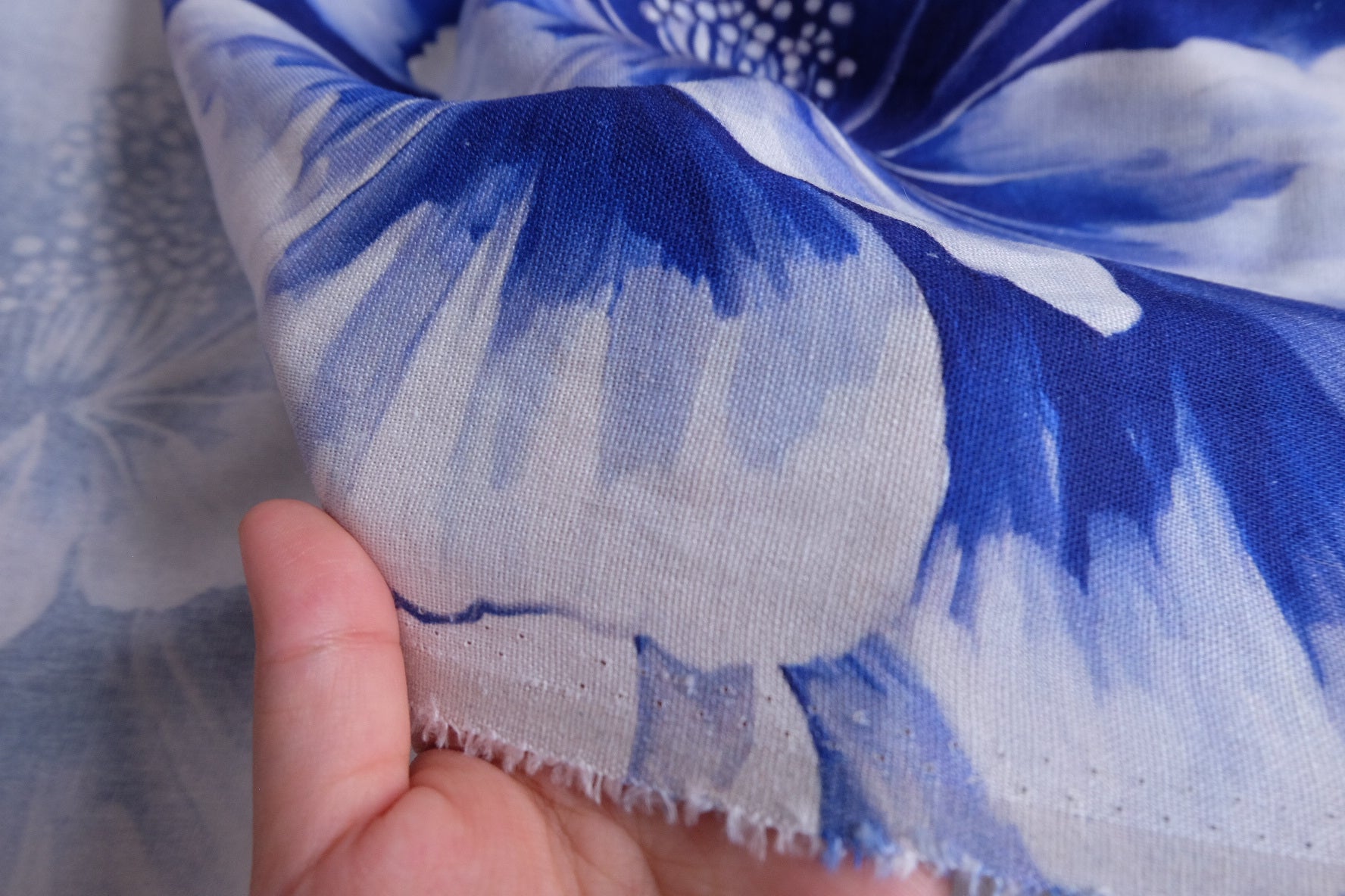 Blue Watercolor Floral Linen Deadstock Fabric - 2.73 yd