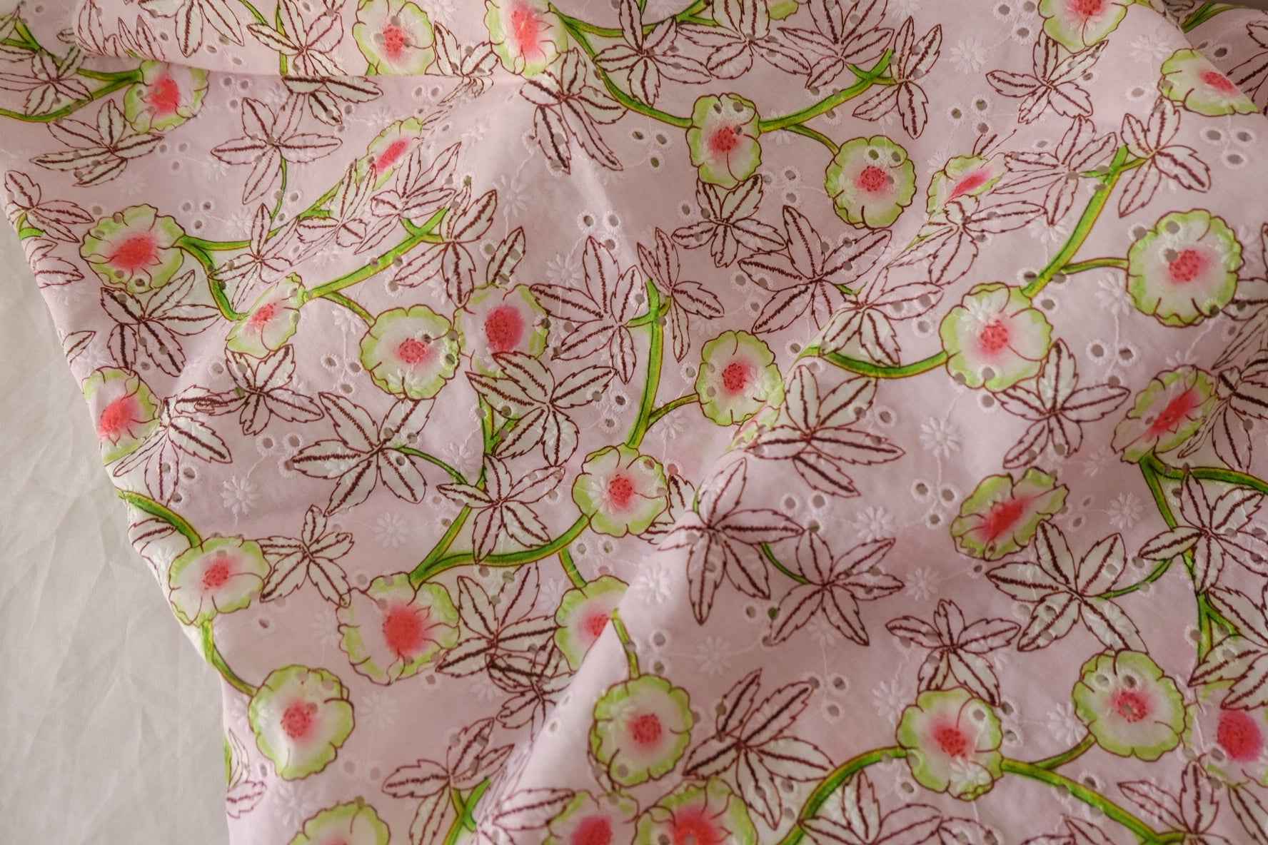 Pink Floral Eyelet Embroidered Cotton Fabric – 1.3 yd