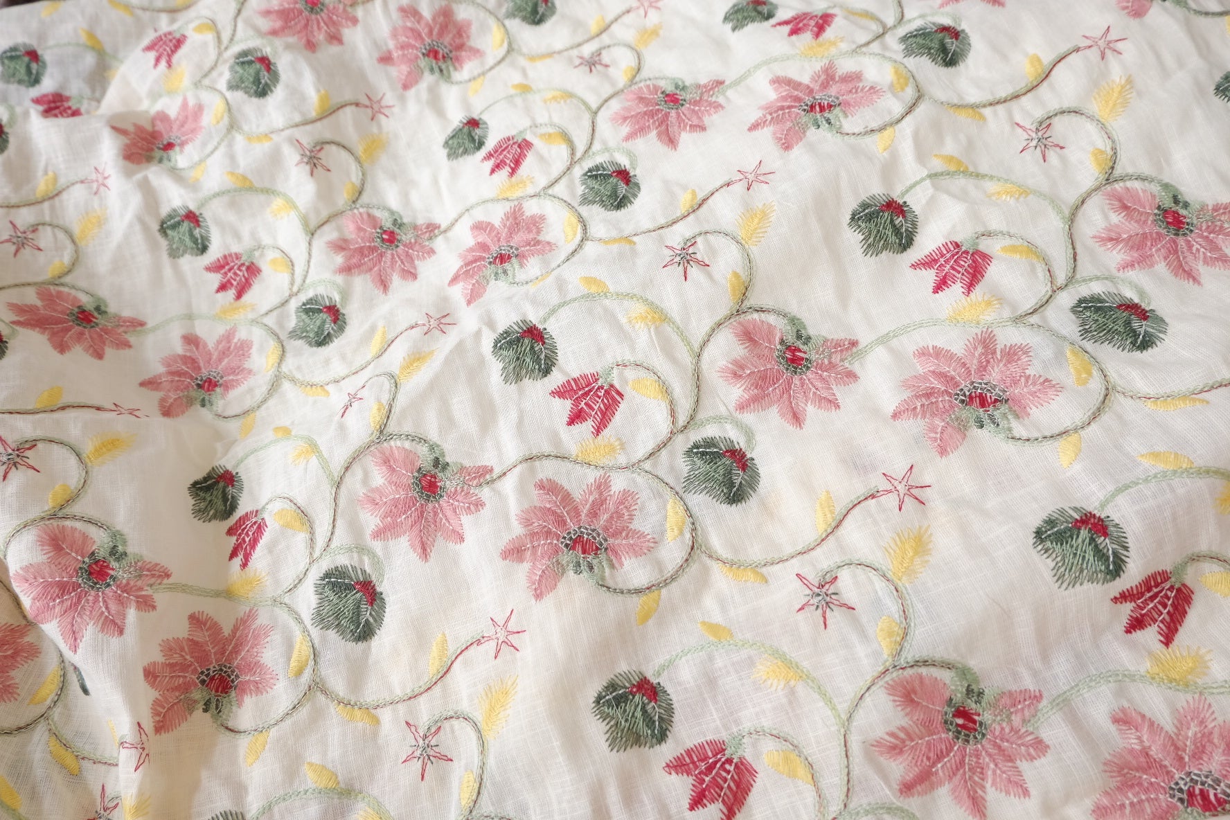 Embroidered Linen-Viscose Blend Floral on Ivory — 1.5 Yards