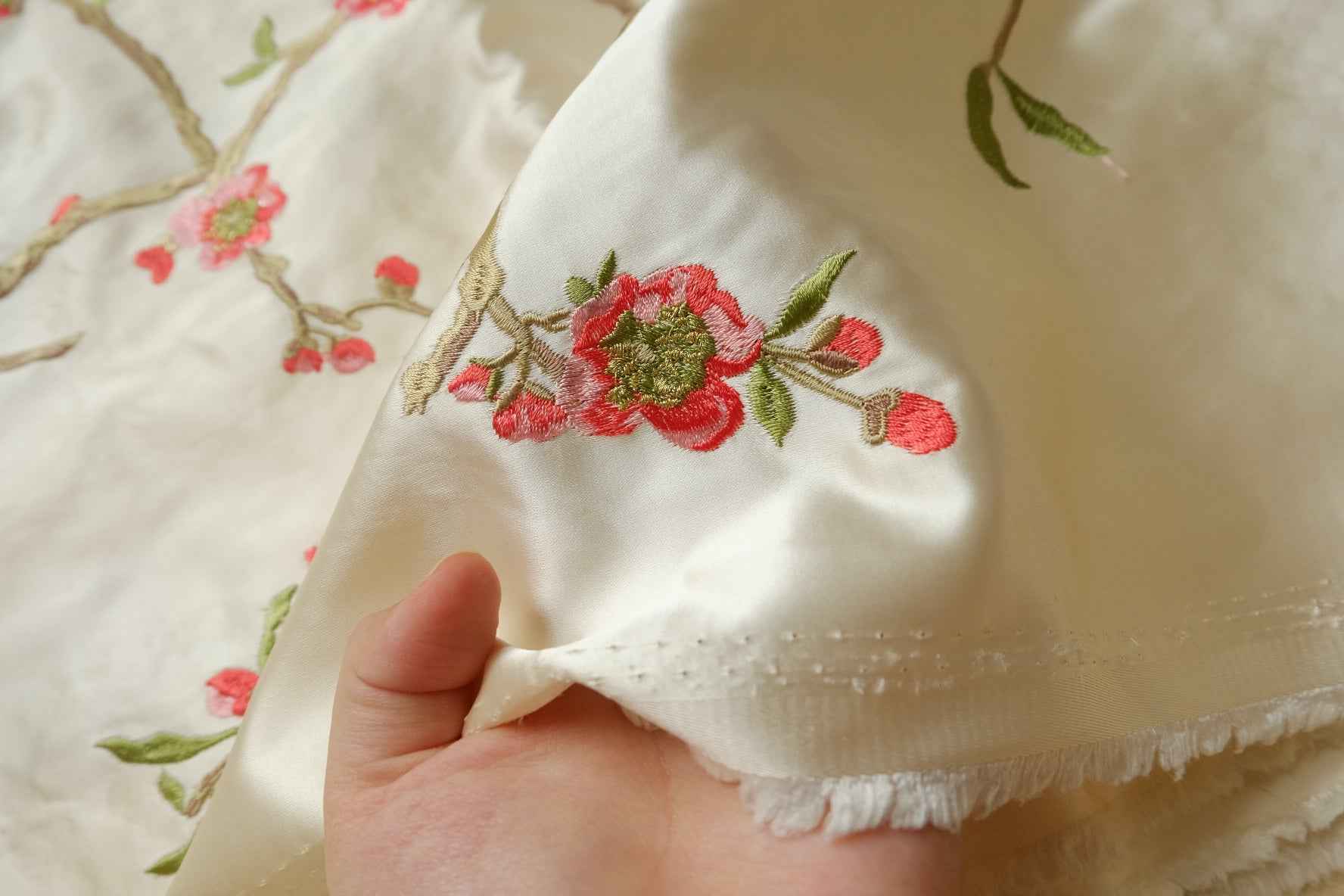 Embroidered Blossom Satin Fabric, Ivory Floral Branches,  2.19 Yards