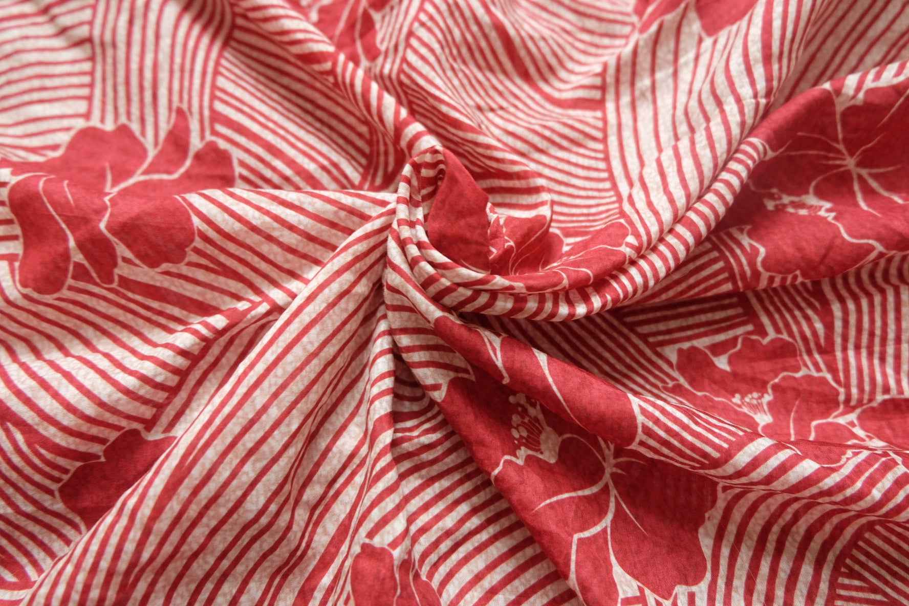 Cotton Silk Blend Fabric in Red Floral Stripe, Lightweight Dress and Blouse Weight, 3.61 Yards