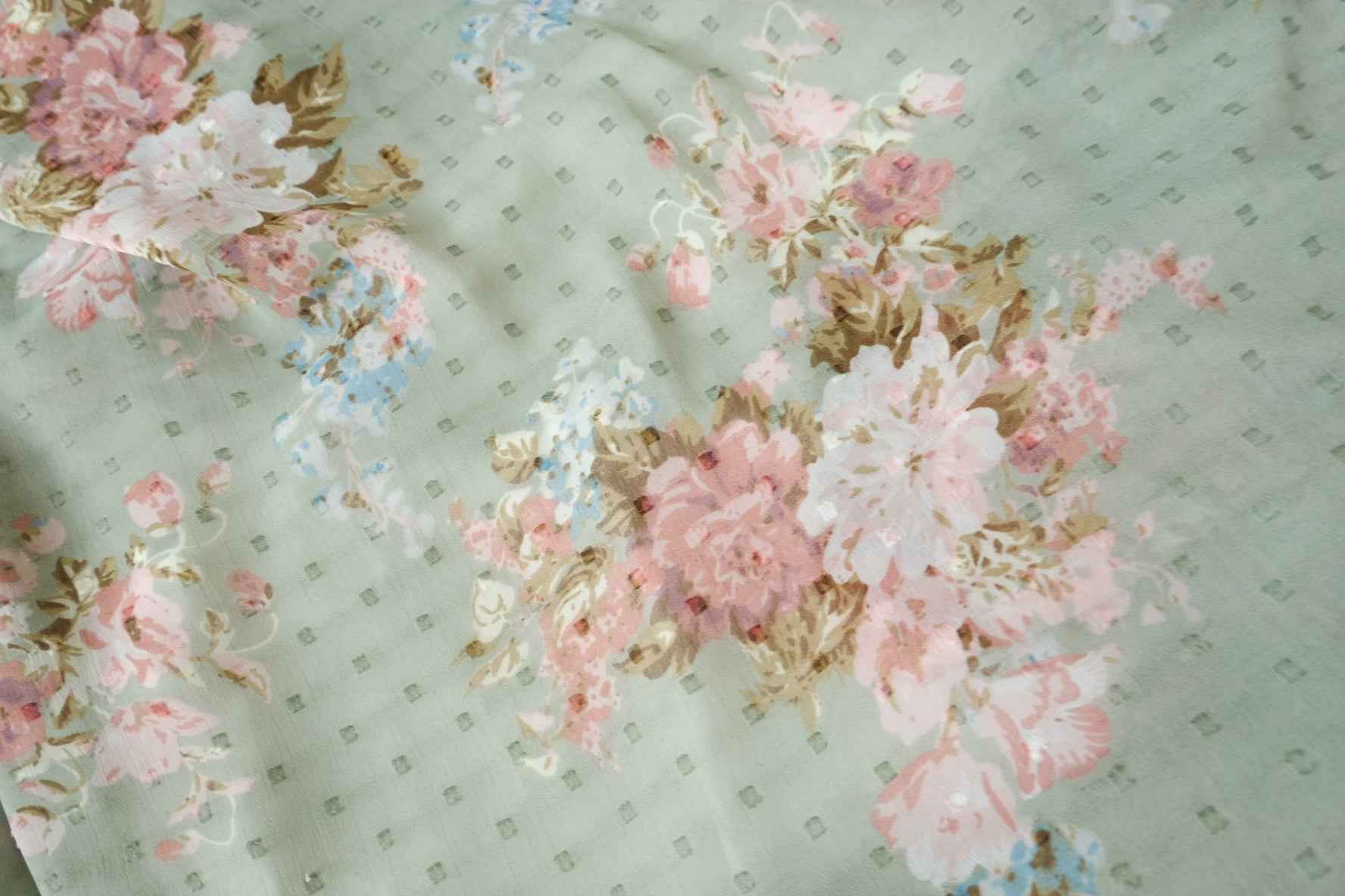 Sage Green Floral Dobby Chiffon Fabric, Sheer Lightweight Summer Dress Weight, 2.19 Yards