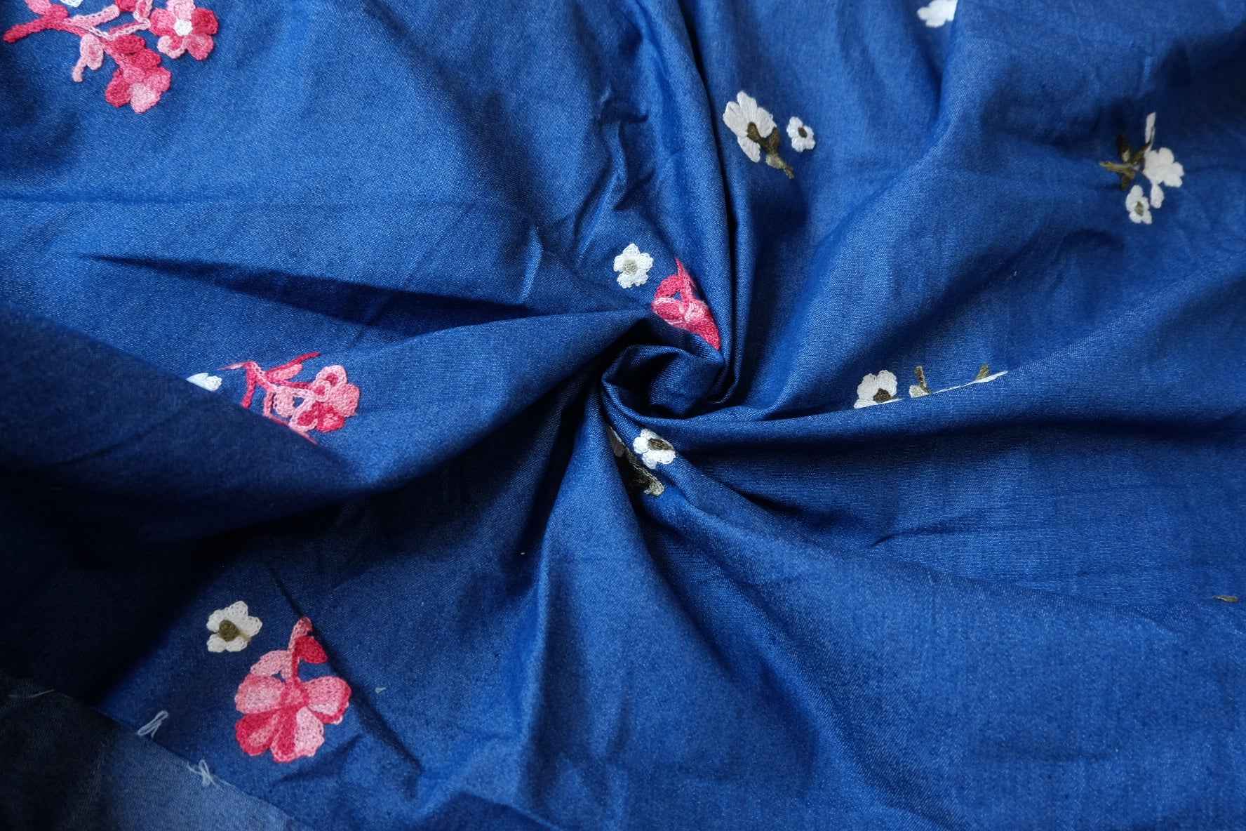 Indigo Embroidered Cotton Denim Fabric - 2.19 yd