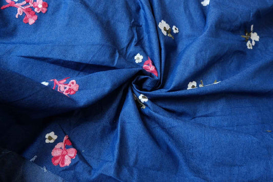 Indigo Embroidered Cotton Denim Fabric - 2.19 yd