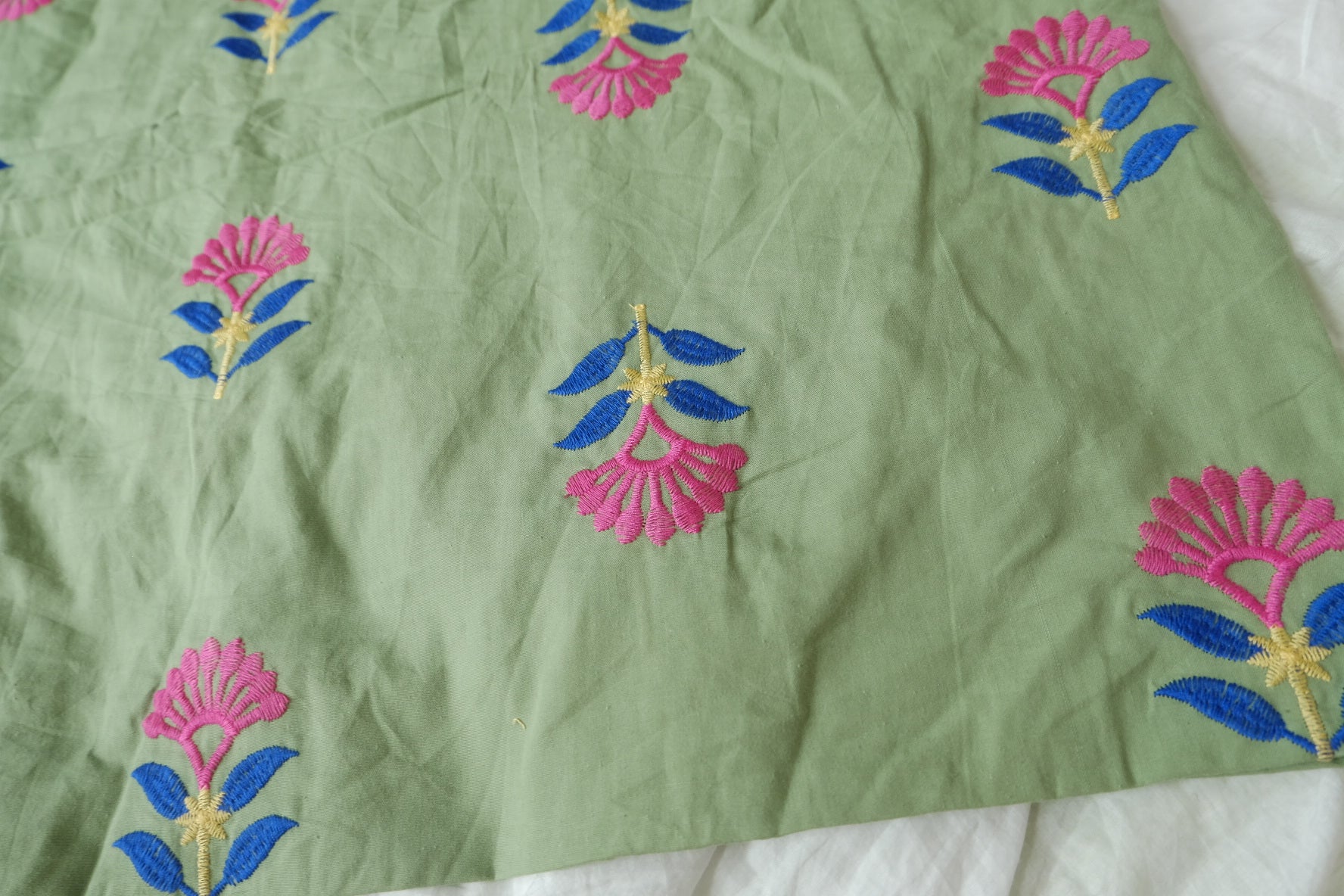 Sage Green Embroidered Cotton Fabric - 2.2 yd
