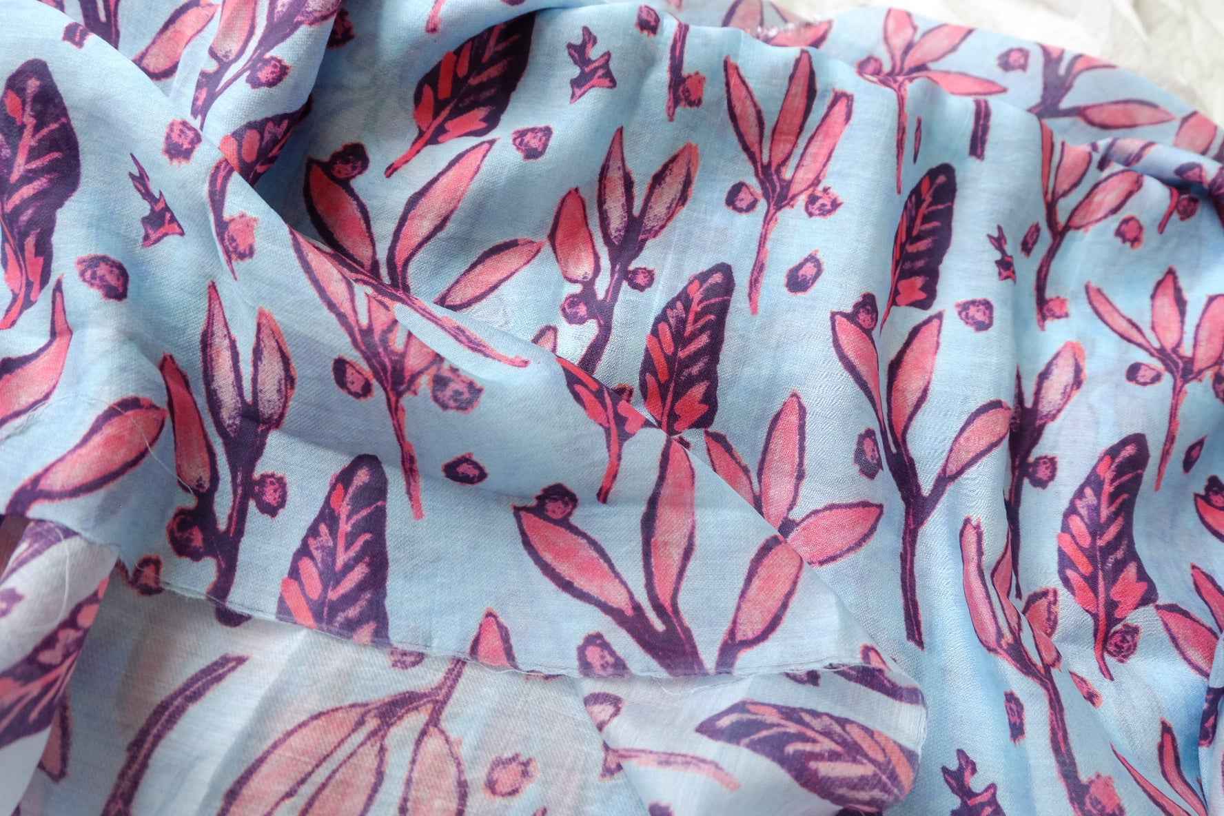 Blue Pink Leaf Tencel-Cotton Fabric - 1.97 yd