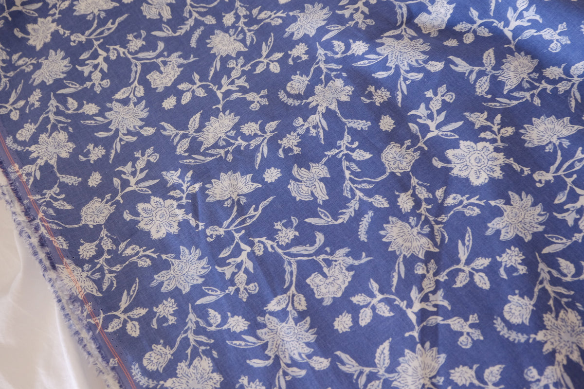 Vintage Blue Botanical Cotton Linen Fabric – 2.2 yd