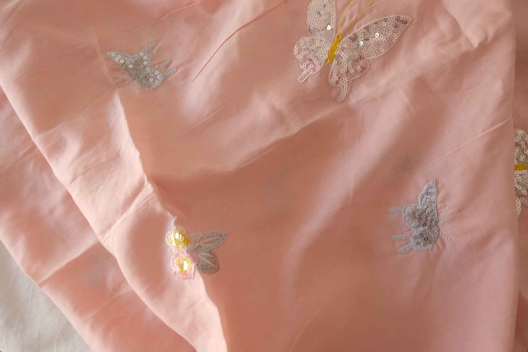 Blush Pink Butterfly Sequin Embroidered Tencel Fabric – 2.2 yd