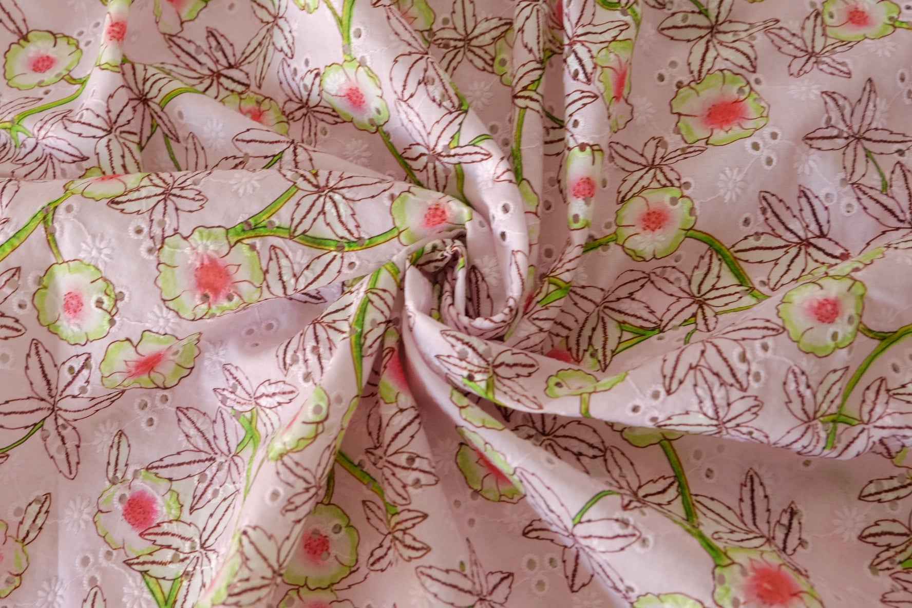 Pink Floral Eyelet Embroidered Cotton Fabric – 1.3 yd