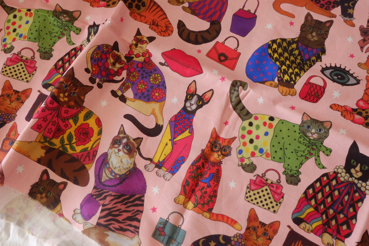 Fashionista Cats – Whimsical Pink Quilting Cotton Fabric – 2.19 yd