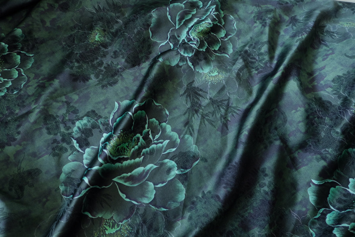 Midnight Emerald Floral Viscose Jacquard Satin-2.2 yards