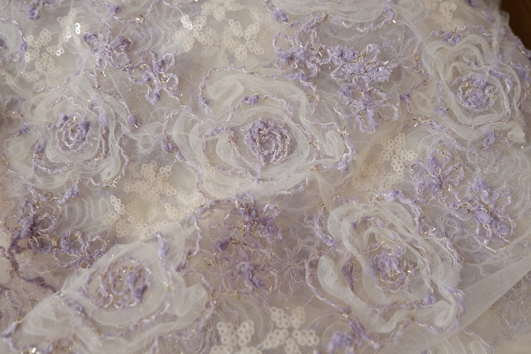 3D Ribbon Rose Sequin Embroidered Tulle – Lavender Statement Mesh Fabric (2.19 yards)