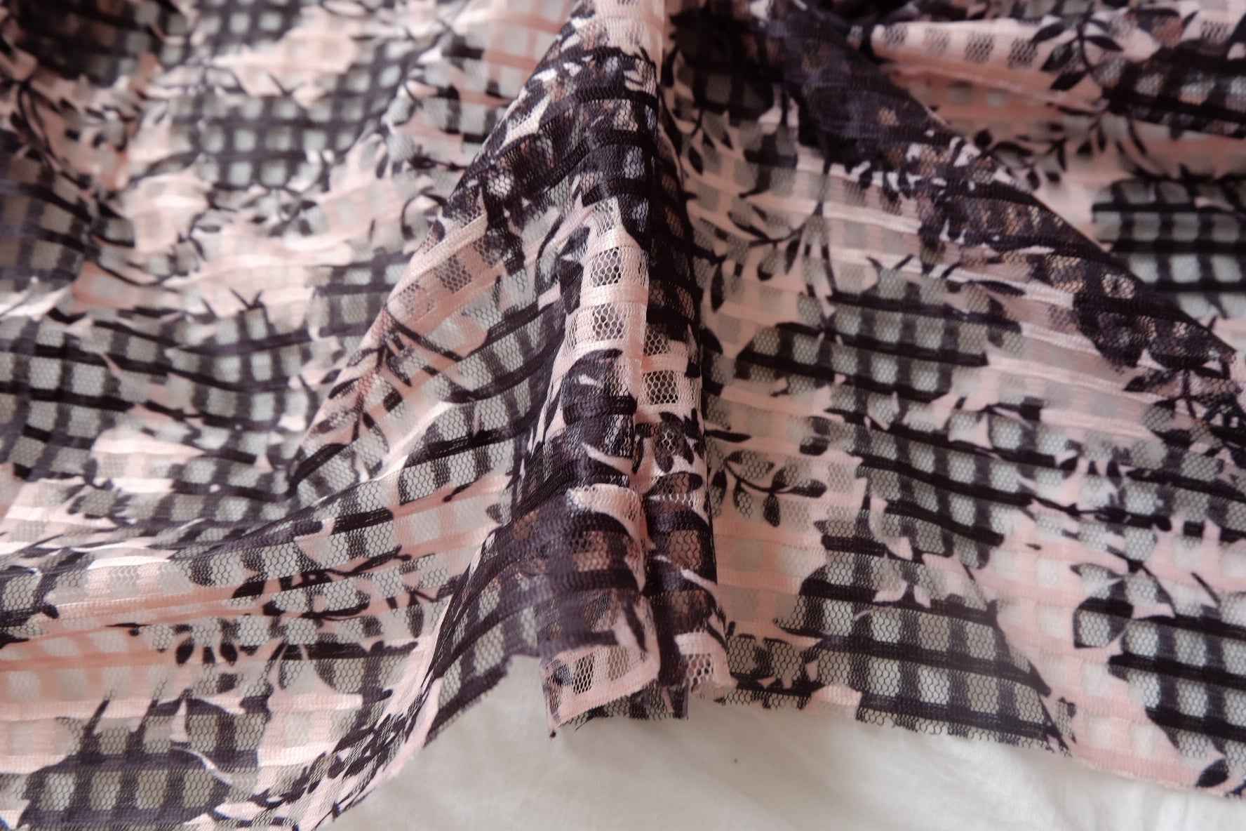 Black Floral Check Printed Mesh Fabric - 2.52 yd