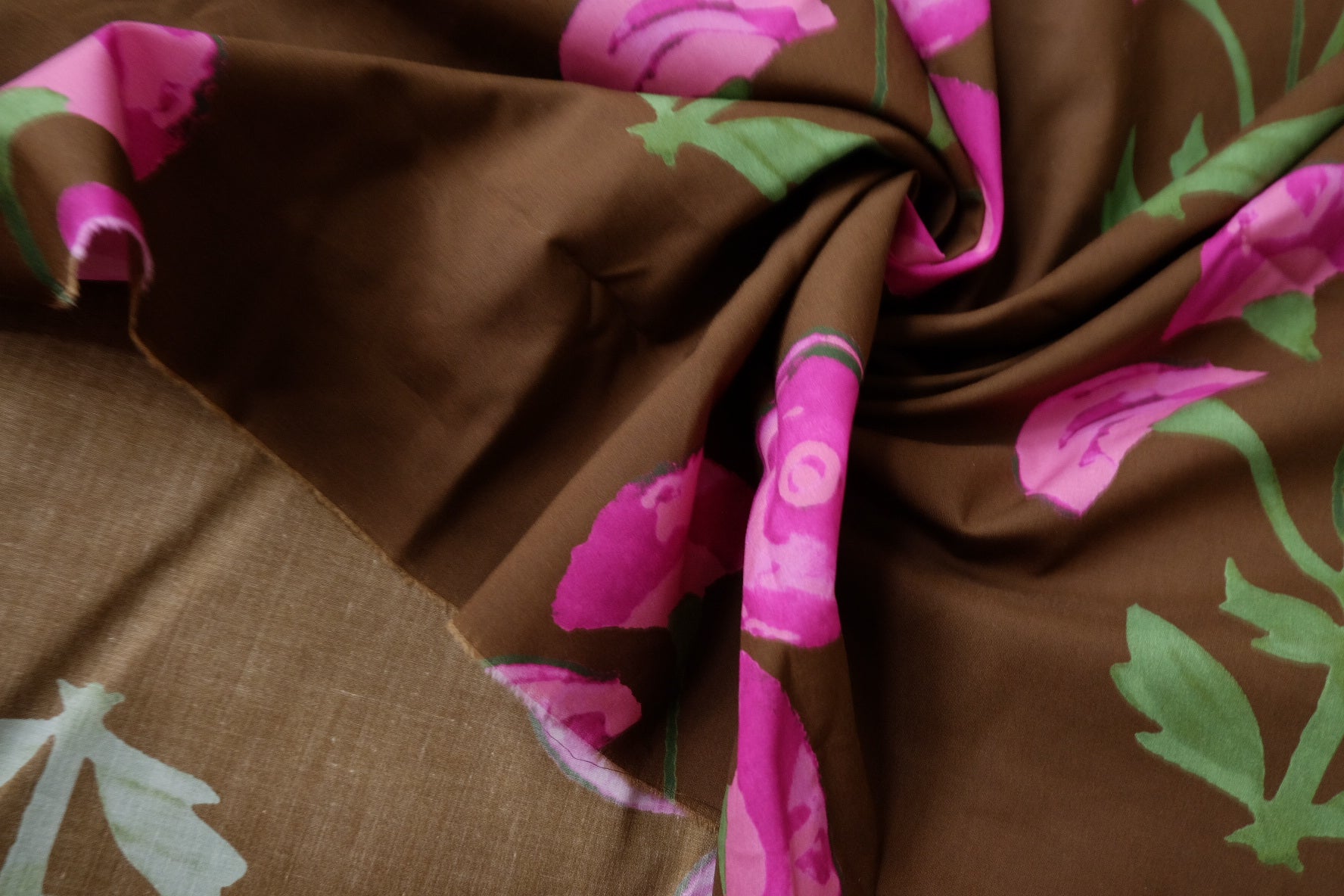 Brown Floral 80s Cotton Designer Shirt Fabric — 2.19 yd