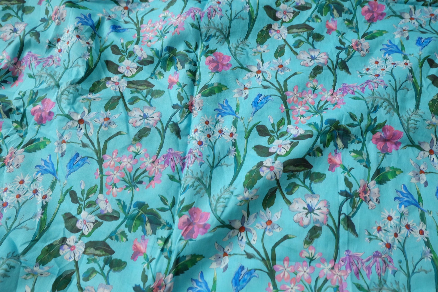 Turquoise Floral Cotton Lawn Fabric, Light & Silky, 3.3 Yards