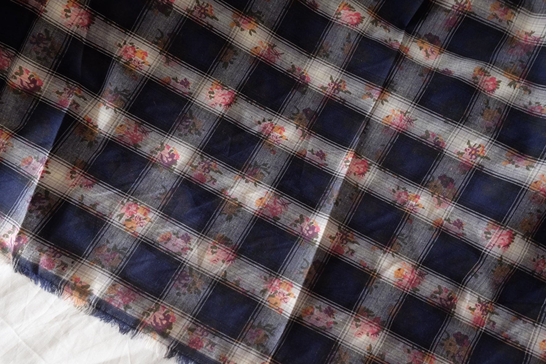 Navy Floral Plaid Cotton Fabric – 2.19 yd
